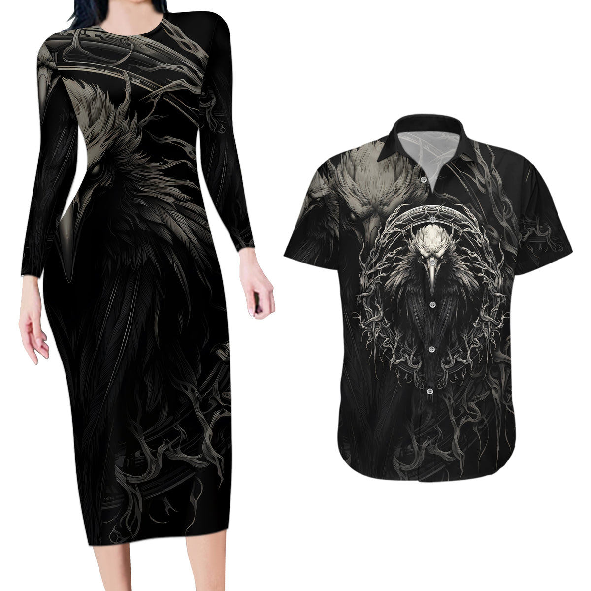 Viking Raven Couples Matching Long Sleeve Bodycon Dress and Hawaiian Shirt Viking Blood Runs Through My Veins - Wonder Print Shop
