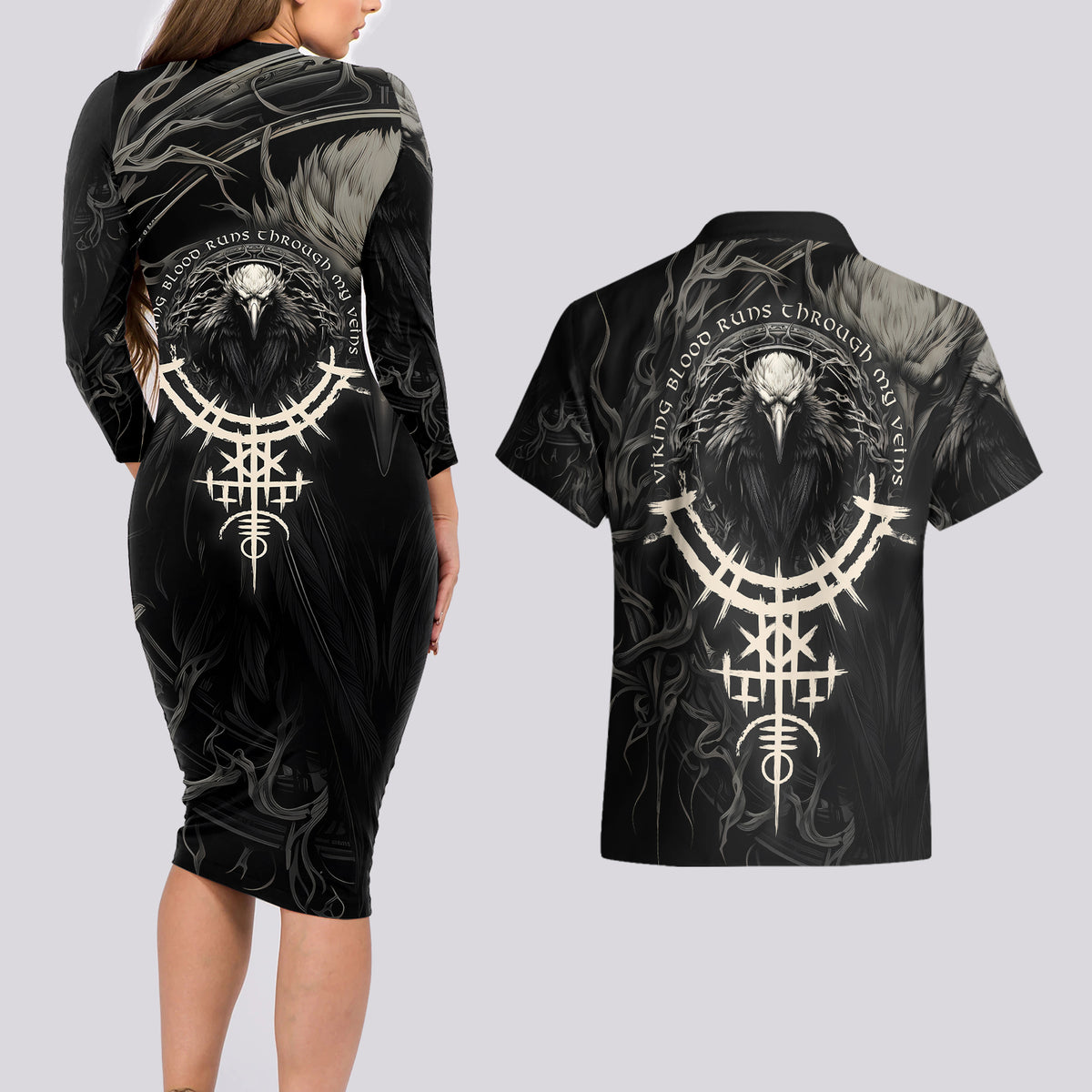 Viking Raven Couples Matching Long Sleeve Bodycon Dress and Hawaiian Shirt Viking Blood Runs Through My Veins - Wonder Print Shop