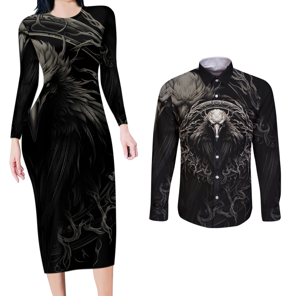 Viking Raven Couples Matching Long Sleeve Bodycon Dress and Long Sleeve Button Shirts Viking Blood Runs Through My Veins - Wonder Print Shop