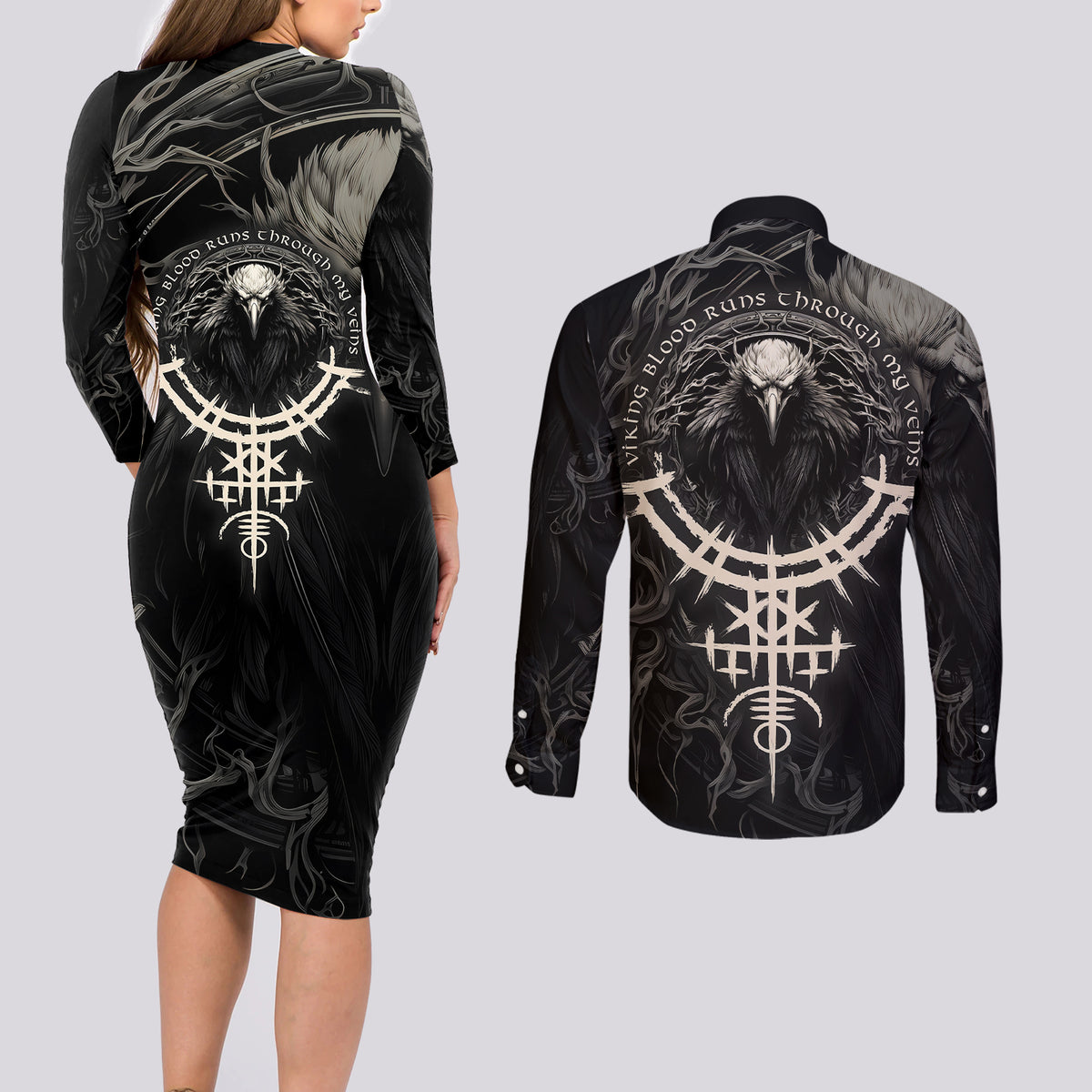 Viking Raven Couples Matching Long Sleeve Bodycon Dress and Long Sleeve Button Shirts Viking Blood Runs Through My Veins - Wonder Print Shop