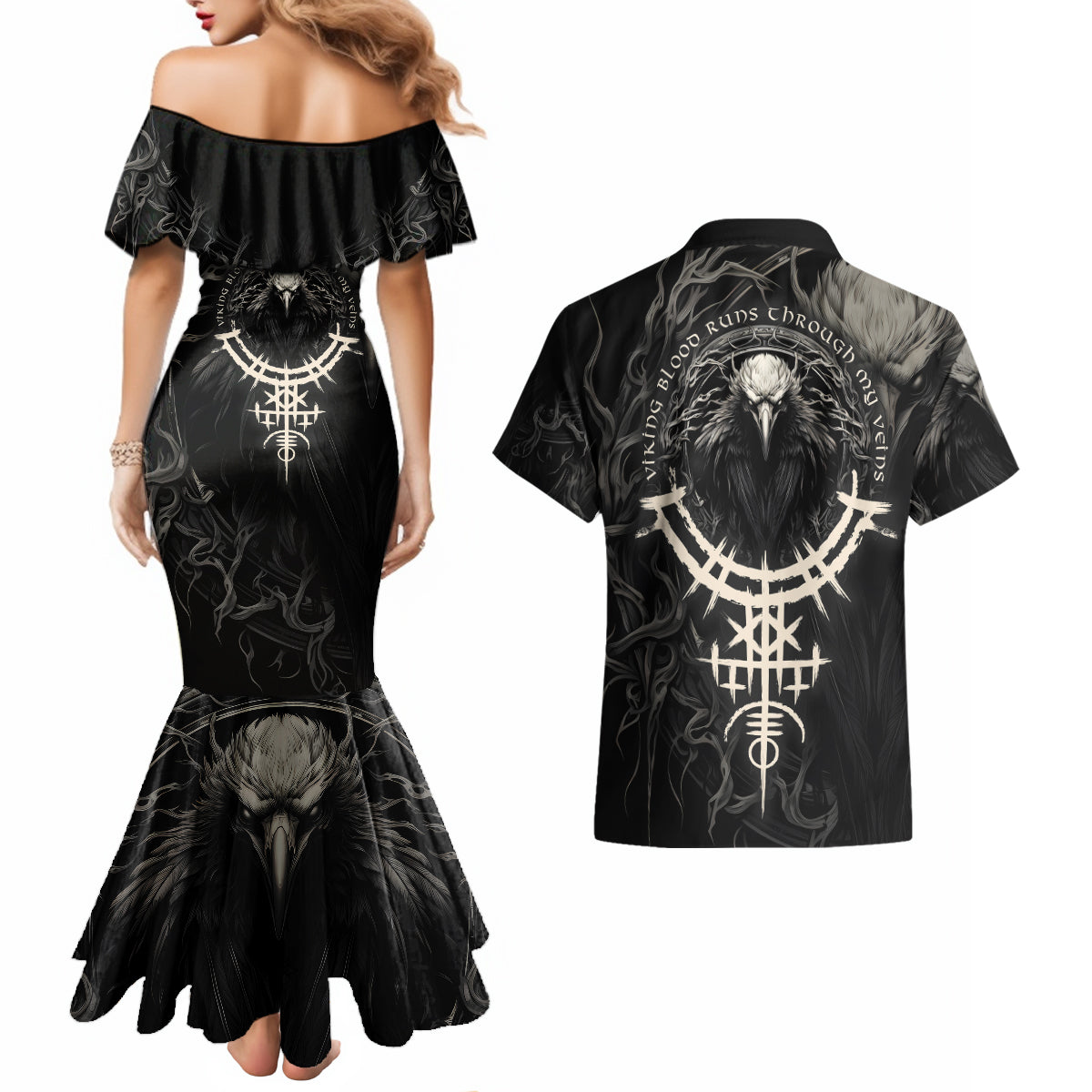 Viking Raven Couples Matching Mermaid Dress and Hawaiian Shirt Viking Blood Runs Through My Veins - Wonder Print Shop