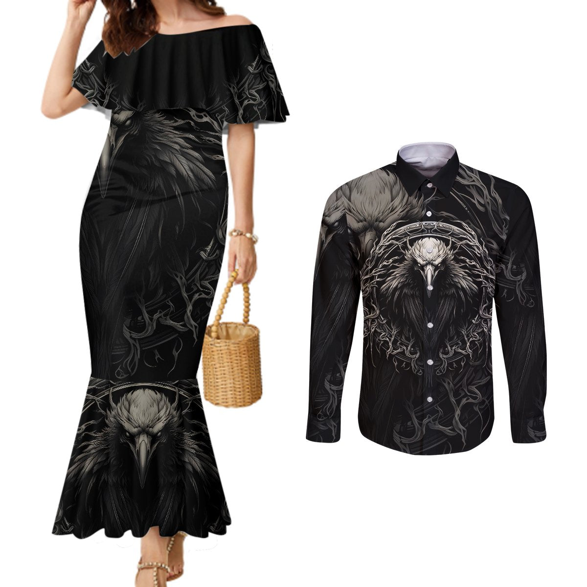 viking-raven-couples-matching-mermaid-dress-and-long-sleeve-button-shirts-viking-blood-runs-through-my-veins