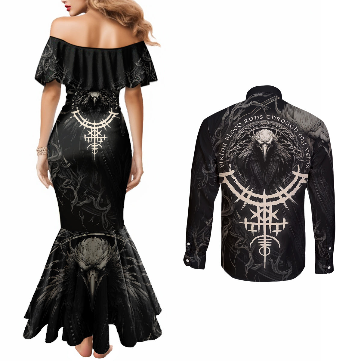 viking-raven-couples-matching-mermaid-dress-and-long-sleeve-button-shirts-viking-blood-runs-through-my-veins