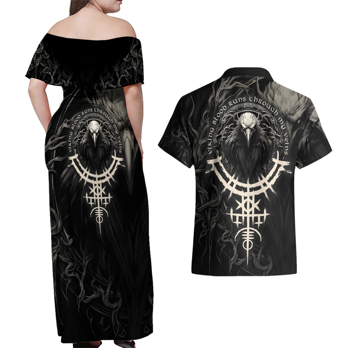 Viking Raven Couples Matching Off Shoulder Maxi Dress and Hawaiian Shirt Viking Blood Runs Through My Veins - Wonder Print Shop