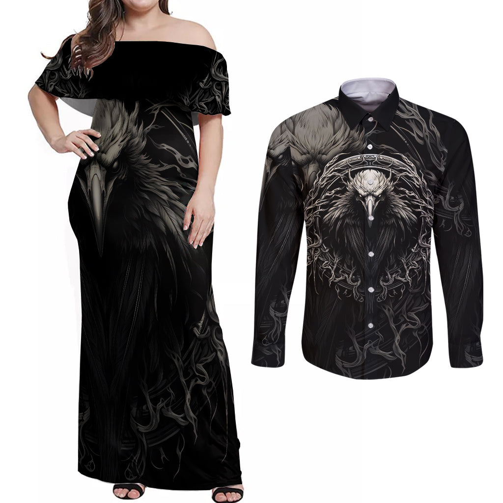 Viking Raven Couples Matching Off Shoulder Maxi Dress and Long Sleeve Button Shirts Viking Blood Runs Through My Veins - Wonder Print Shop