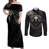 Viking Raven Couples Matching Off Shoulder Maxi Dress and Long Sleeve Button Shirts Viking Blood Runs Through My Veins - Wonder Print Shop