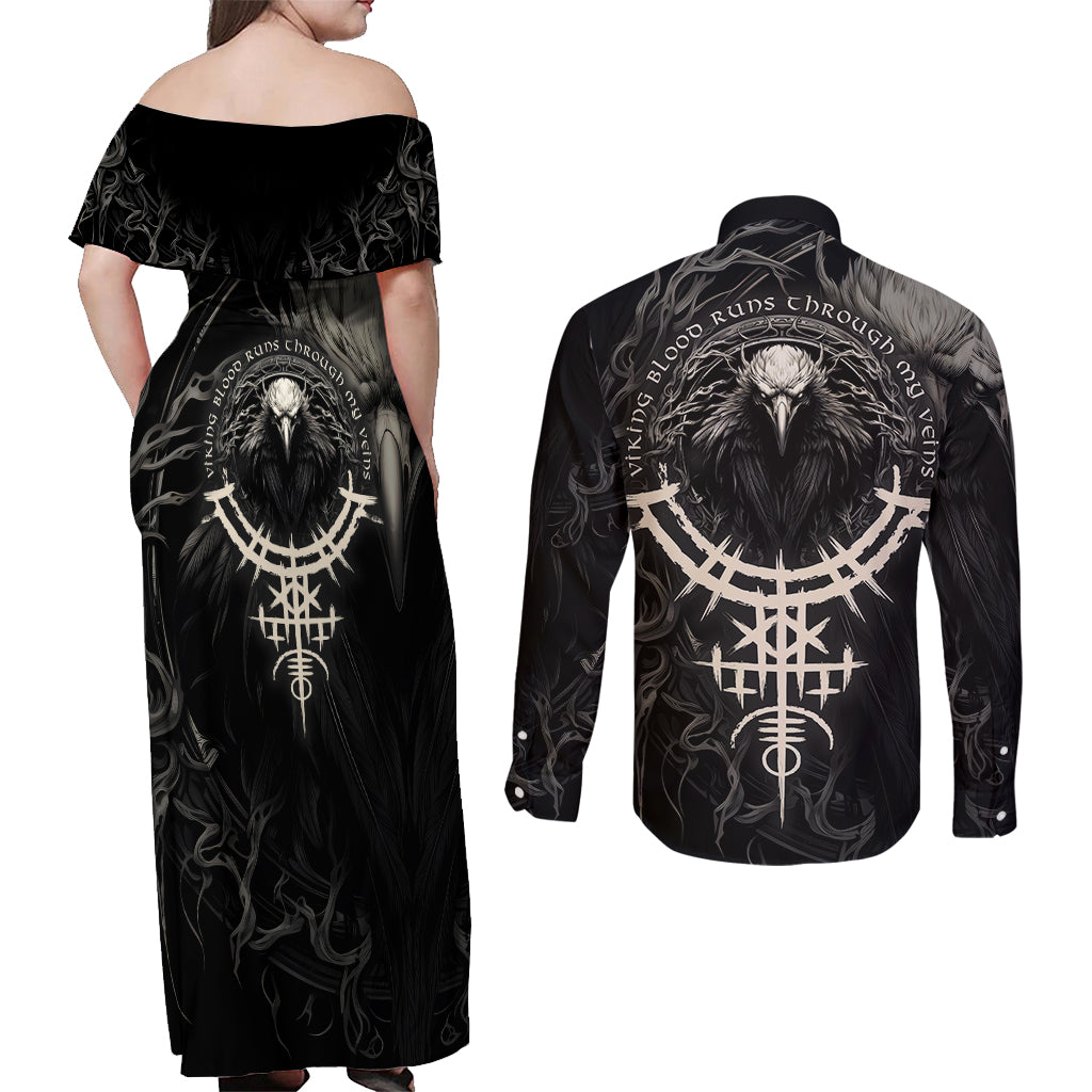 Viking Raven Couples Matching Off Shoulder Maxi Dress and Long Sleeve Button Shirts Viking Blood Runs Through My Veins - Wonder Print Shop