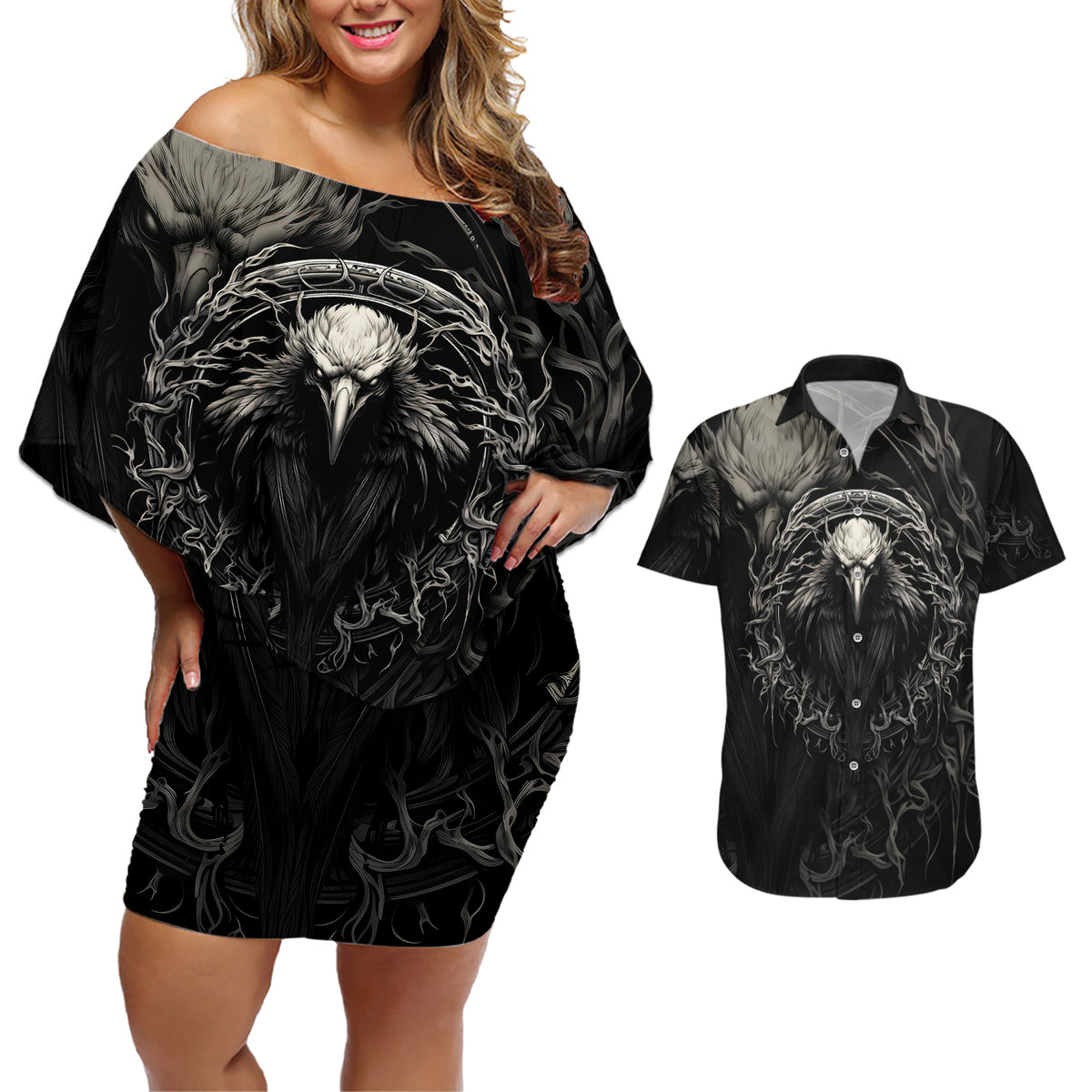 Viking Raven Couples Matching Off Shoulder Short Dress and Hawaiian Shirt Viking Blood Runs Through My Veins - Wonder Print Shop