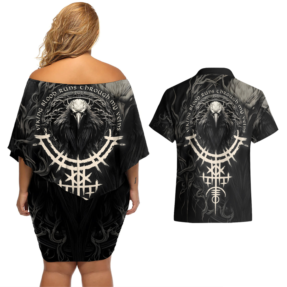 Viking Raven Couples Matching Off Shoulder Short Dress and Hawaiian Shirt Viking Blood Runs Through My Veins - Wonder Print Shop