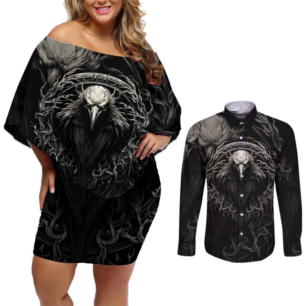 Viking Raven Couples Matching Off Shoulder Short Dress and Long Sleeve Button Shirts Viking Blood Runs Through My Veins - Wonder Print Shop