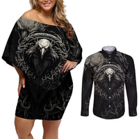 Viking Raven Couples Matching Off Shoulder Short Dress and Long Sleeve Button Shirts Viking Blood Runs Through My Veins - Wonder Print Shop