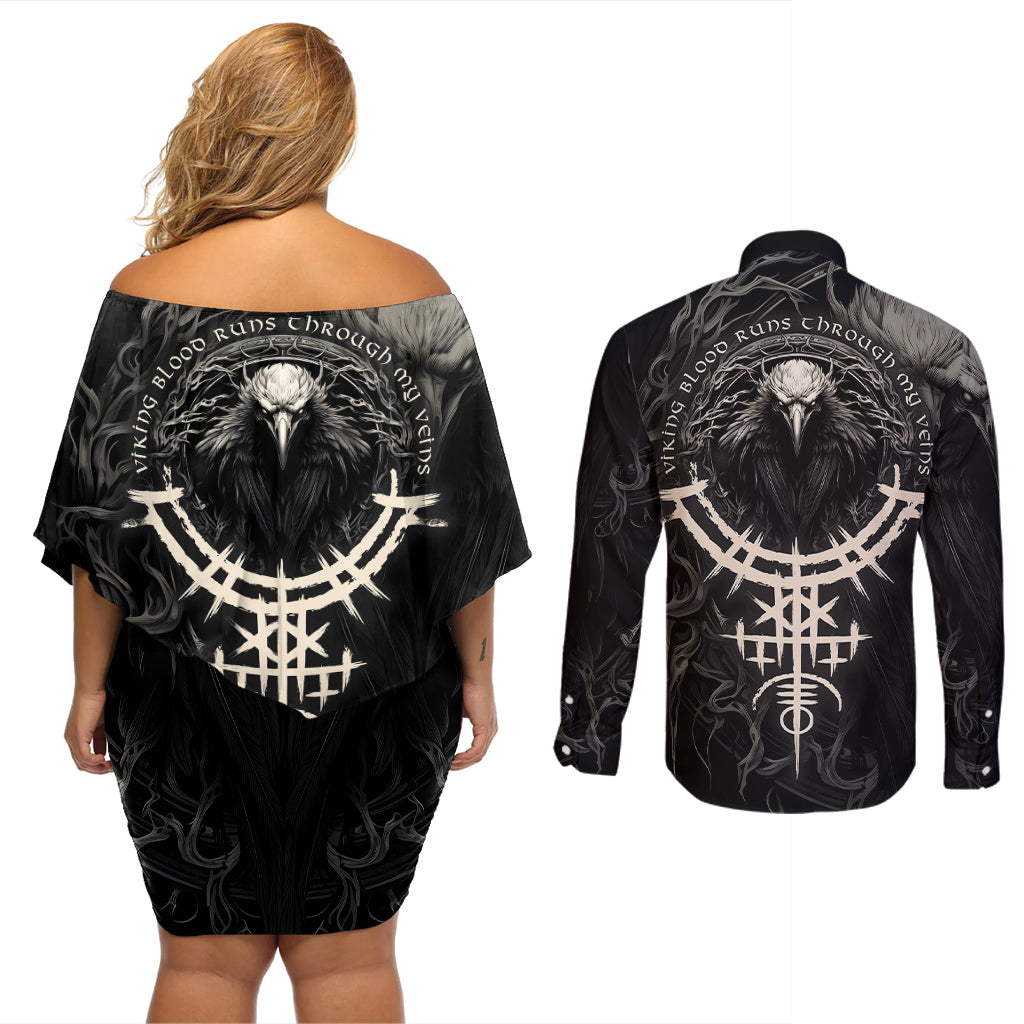 Viking Raven Couples Matching Off Shoulder Short Dress and Long Sleeve Button Shirts Viking Blood Runs Through My Veins - Wonder Print Shop