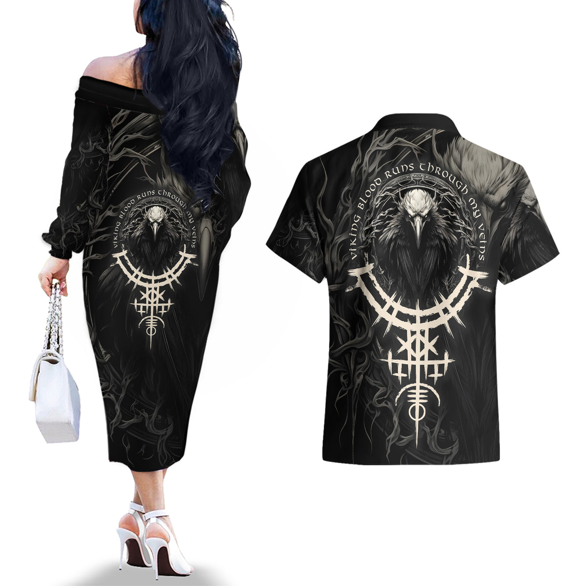 Viking Raven Couples Matching Off The Shoulder Long Sleeve Dress and Hawaiian Shirt Viking Blood Runs Through My Veins - Wonder Print Shop