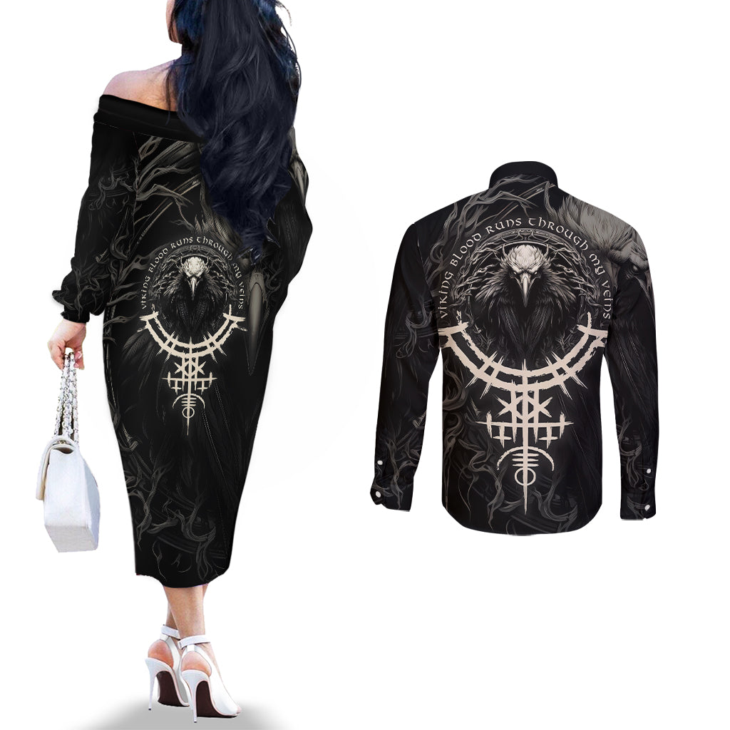 viking-raven-couples-matching-off-the-shoulder-long-sleeve-dress-and-long-sleeve-button-shirts-viking-blood-runs-through-my-veins