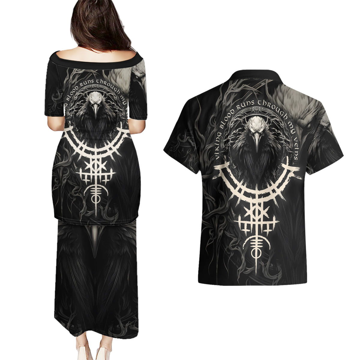 Viking Raven Couples Matching Puletasi Dress and Hawaiian Shirt Viking Blood Runs Through My Veins - Wonder Print Shop
