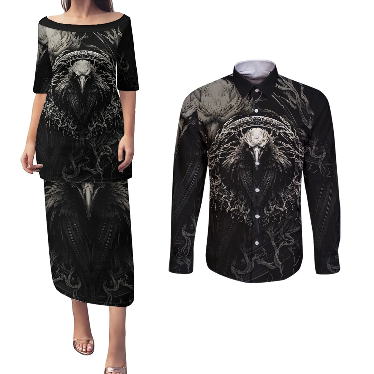 Viking Raven Couples Matching Puletasi Dress and Long Sleeve Button Shirts Viking Blood Runs Through My Veins - Wonder Print Shop