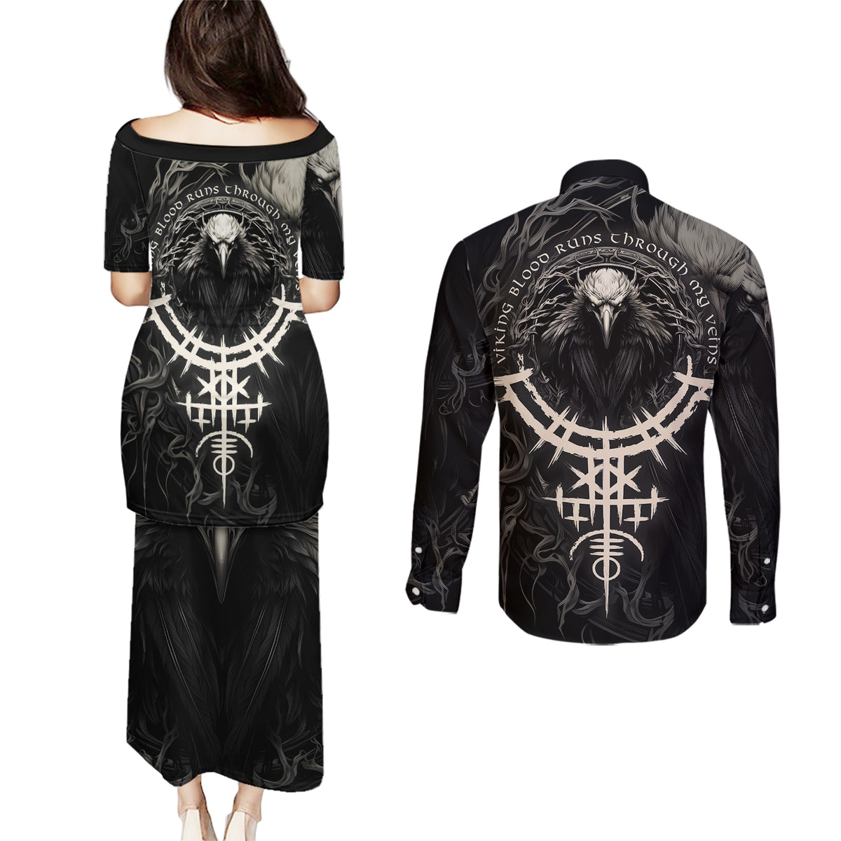 Viking Raven Couples Matching Puletasi Dress and Long Sleeve Button Shirts Viking Blood Runs Through My Veins - Wonder Print Shop