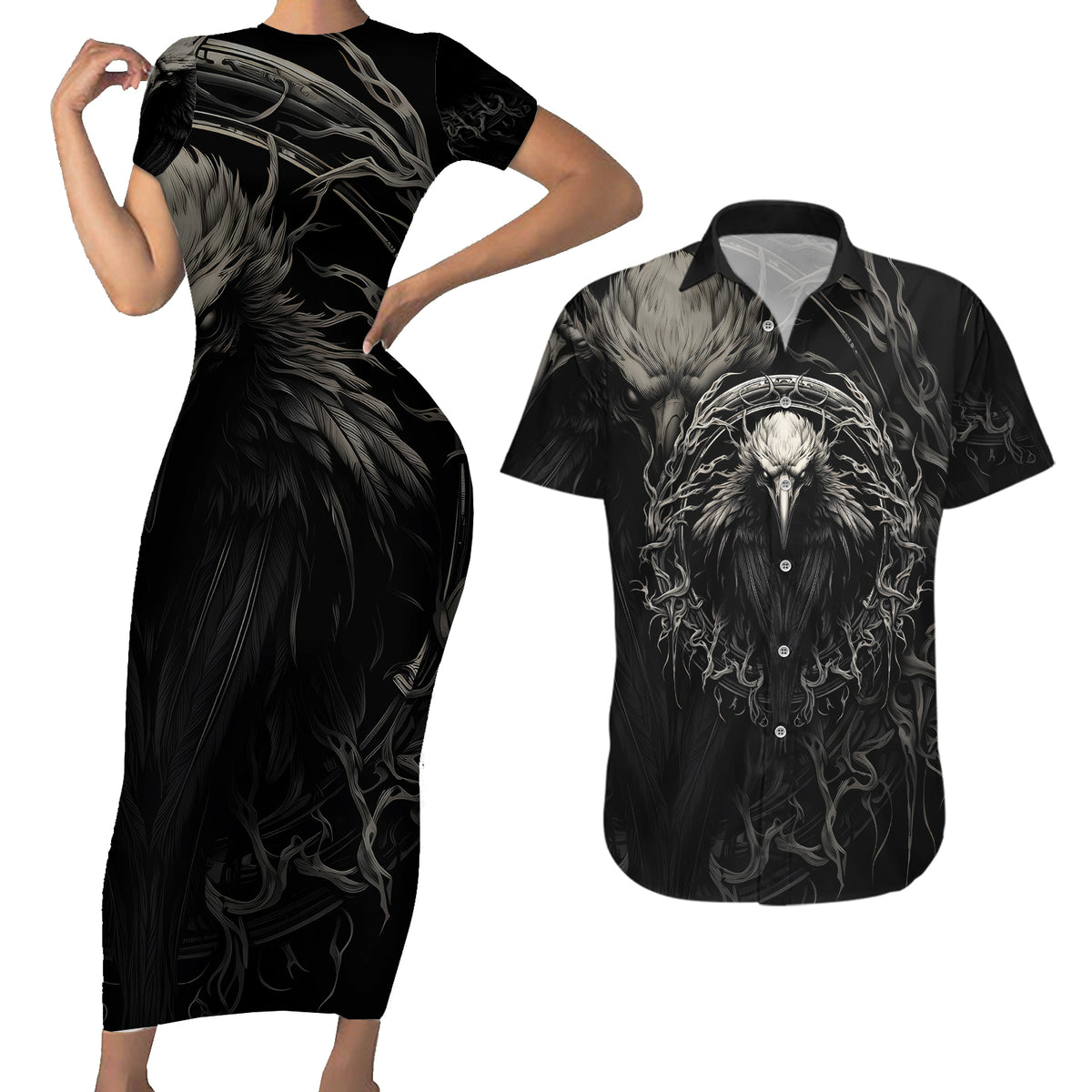 Viking Raven Couples Matching Short Sleeve Bodycon Dress and Hawaiian Shirt Viking Blood Runs Through My Veins - Wonder Print Shop