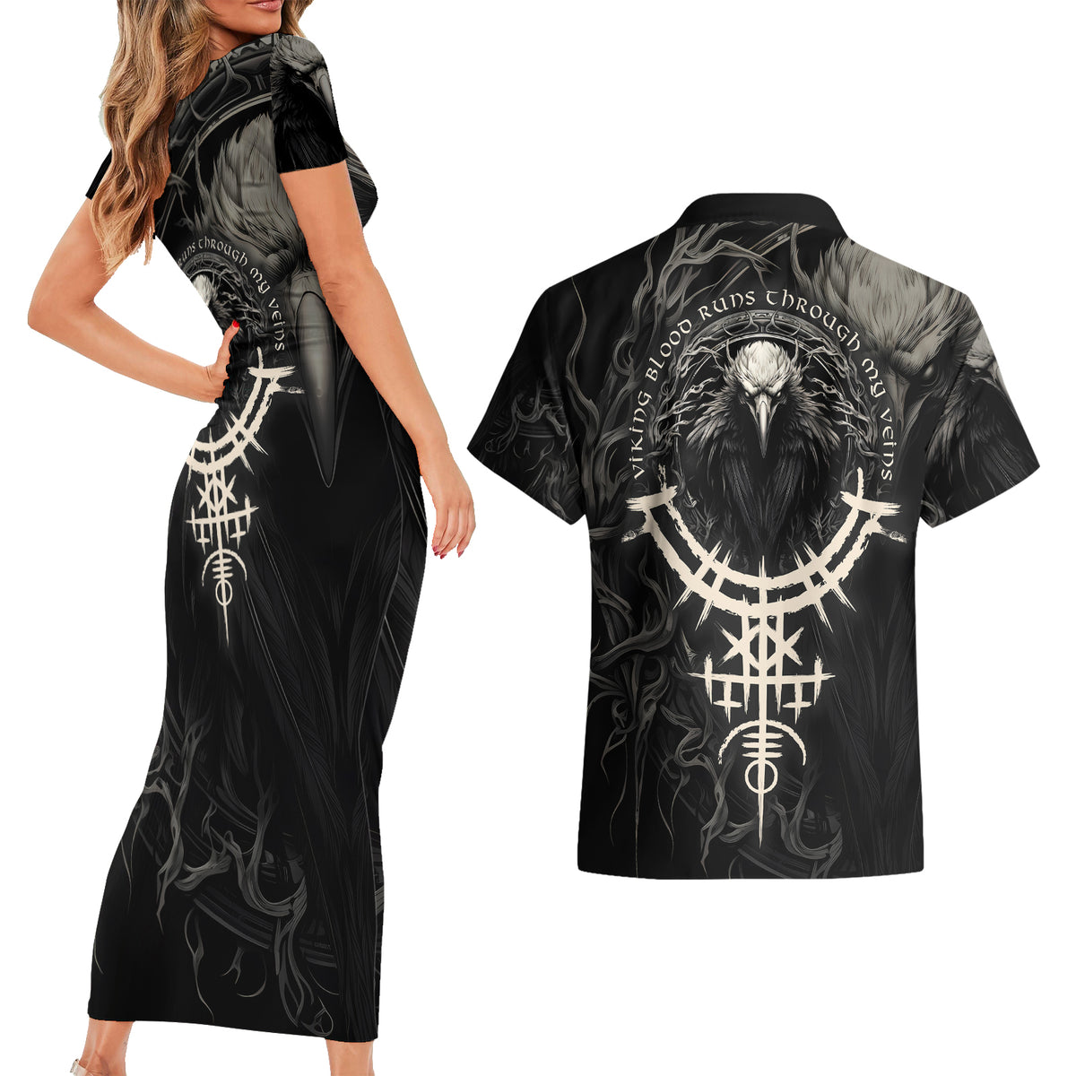 Viking Raven Couples Matching Short Sleeve Bodycon Dress and Hawaiian Shirt Viking Blood Runs Through My Veins - Wonder Print Shop