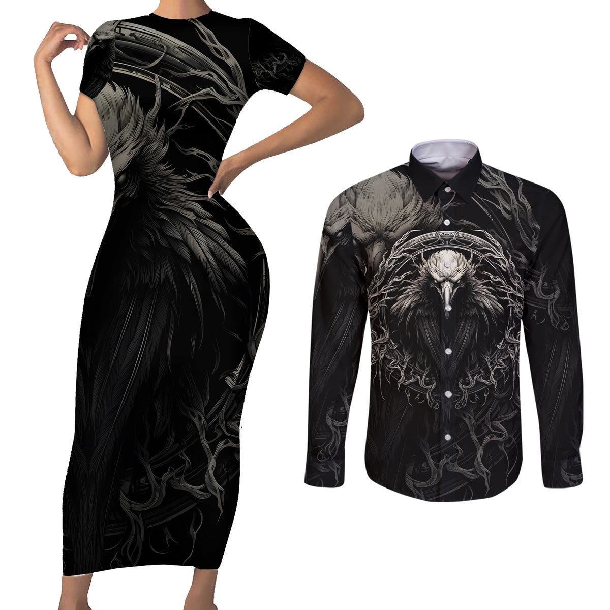 Viking Raven Couples Matching Short Sleeve Bodycon Dress and Long Sleeve Button Shirts Viking Blood Runs Through My Veins - Wonder Print Shop