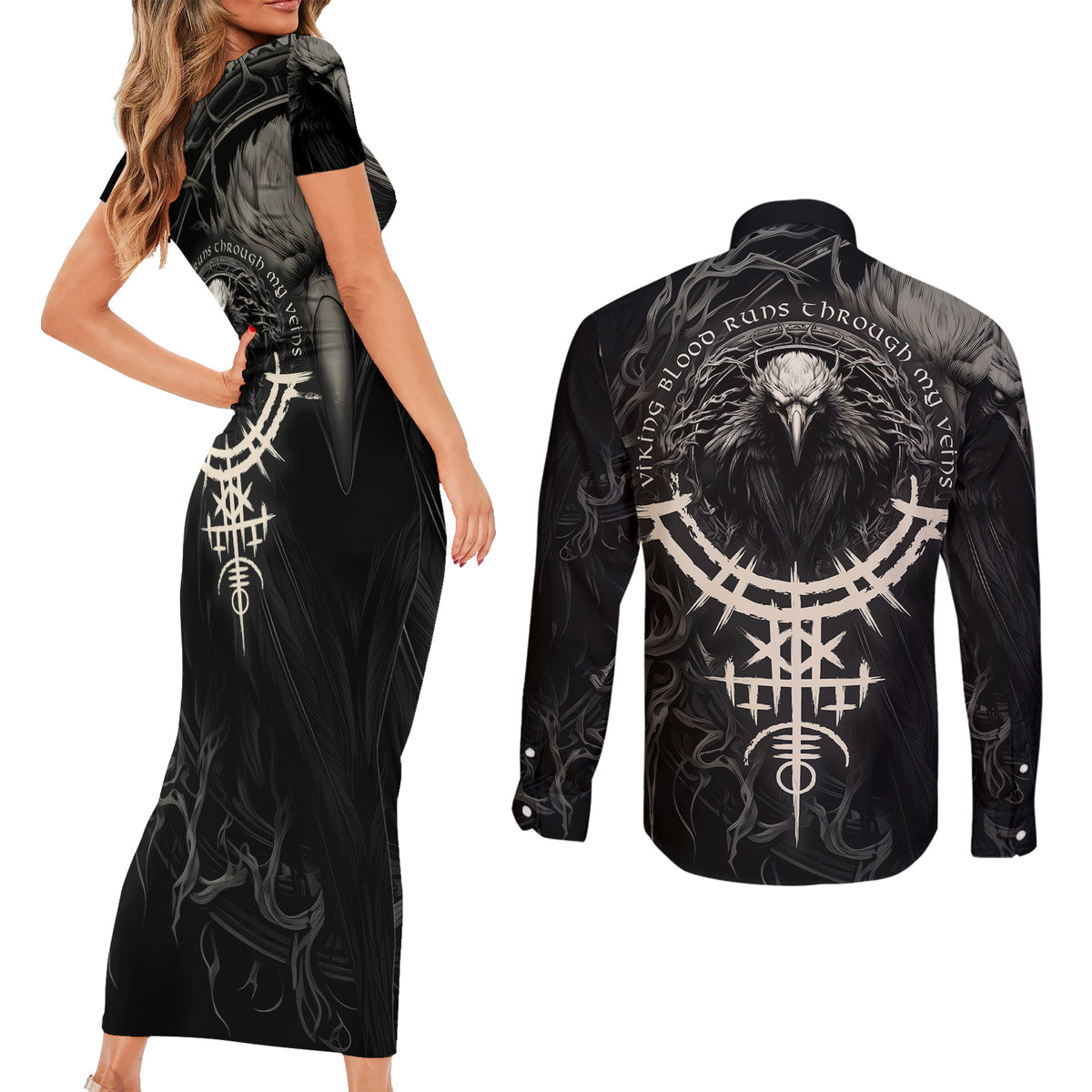 Viking Raven Couples Matching Short Sleeve Bodycon Dress and Long Sleeve Button Shirts Viking Blood Runs Through My Veins - Wonder Print Shop