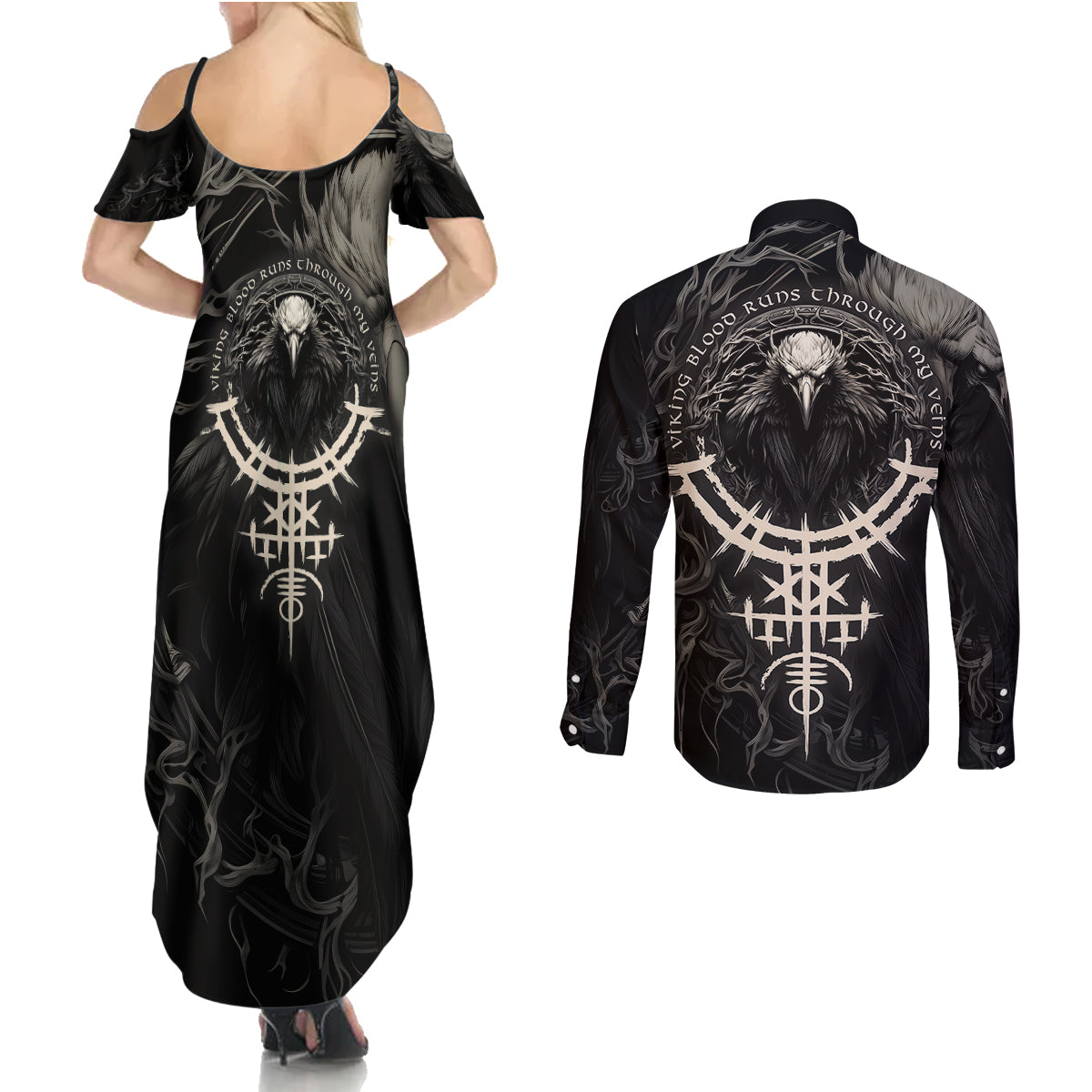 Viking Raven Couples Matching Summer Maxi Dress and Long Sleeve Button Shirts Viking Blood Runs Through My Veins - Wonder Print Shop