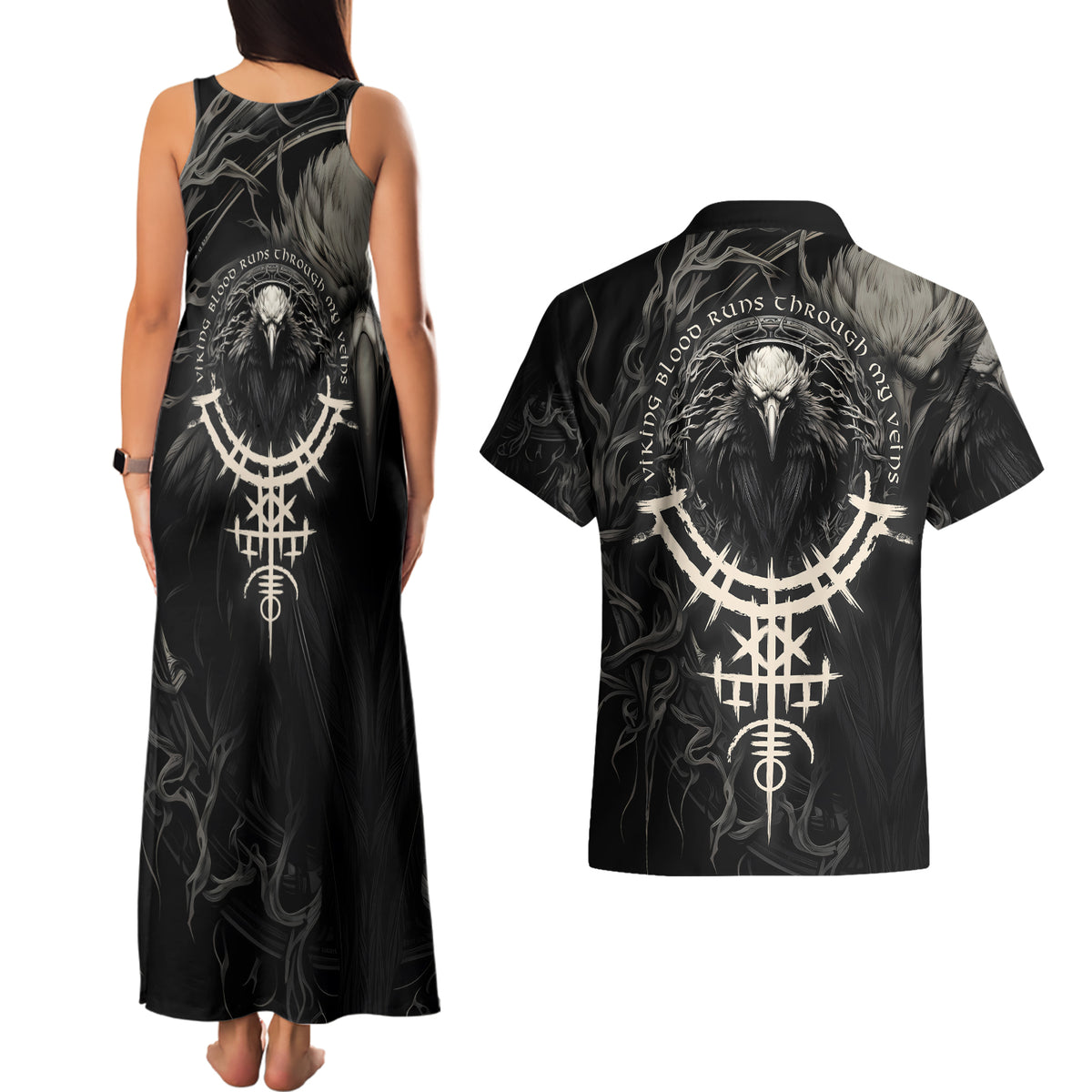 Viking Raven Couples Matching Tank Maxi Dress and Hawaiian Shirt Viking Blood Runs Through My Veins - Wonder Print Shop