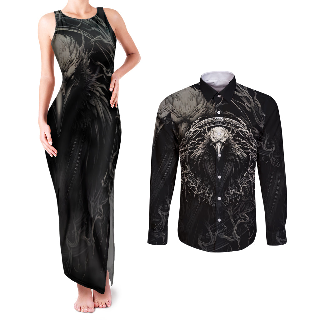 Viking Raven Couples Matching Tank Maxi Dress and Long Sleeve Button Shirts Viking Blood Runs Through My Veins - Wonder Print Shop