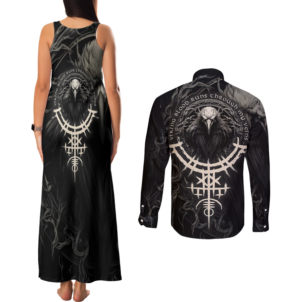 Viking Raven Couples Matching Tank Maxi Dress and Long Sleeve Button Shirts Viking Blood Runs Through My Veins - Wonder Print Shop