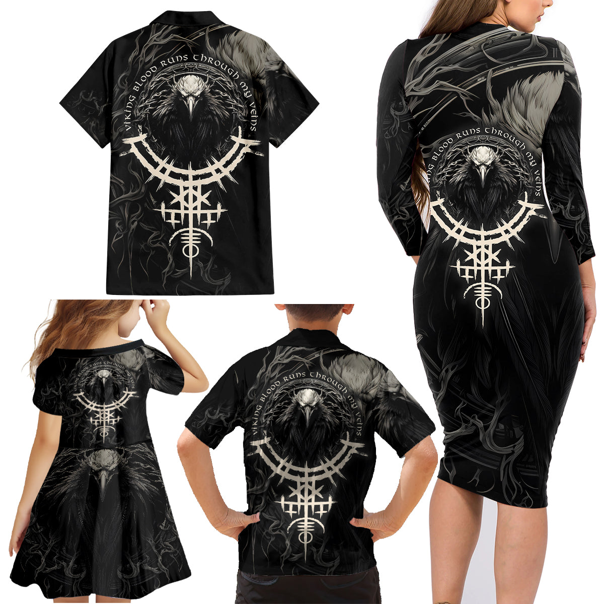 Viking Raven Family Matching Long Sleeve Bodycon Dress and Hawaiian Shirt Viking Blood Runs Through My Veins - Wonder Print Shop