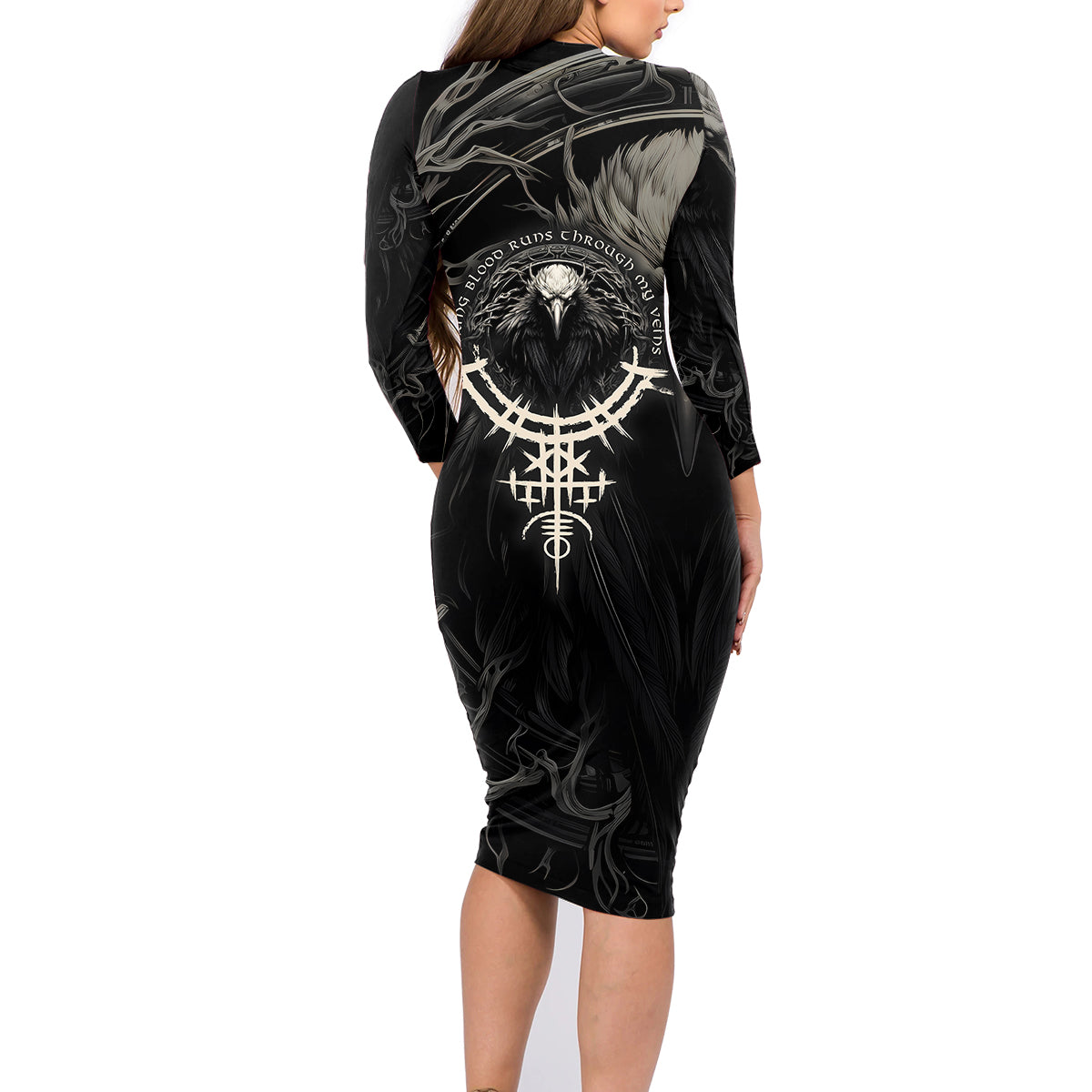 Viking Raven Family Matching Long Sleeve Bodycon Dress and Hawaiian Shirt Viking Blood Runs Through My Veins - Wonder Print Shop