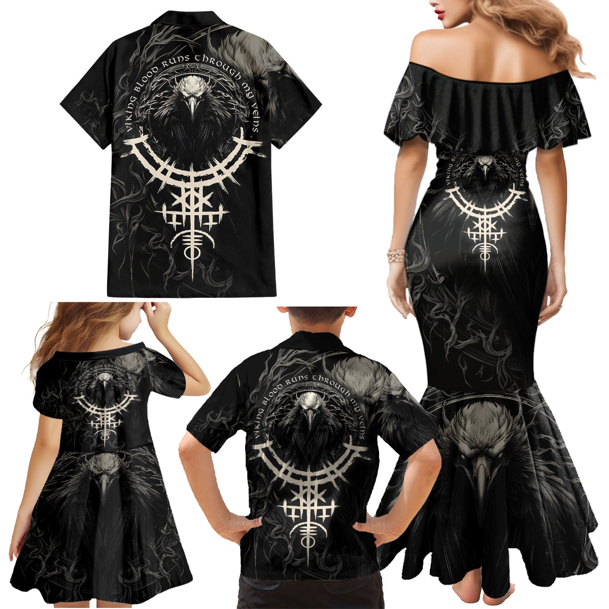 Viking Raven Family Matching Mermaid Dress and Hawaiian Shirt Viking Blood Runs Through My Veins - Wonder Print Shop