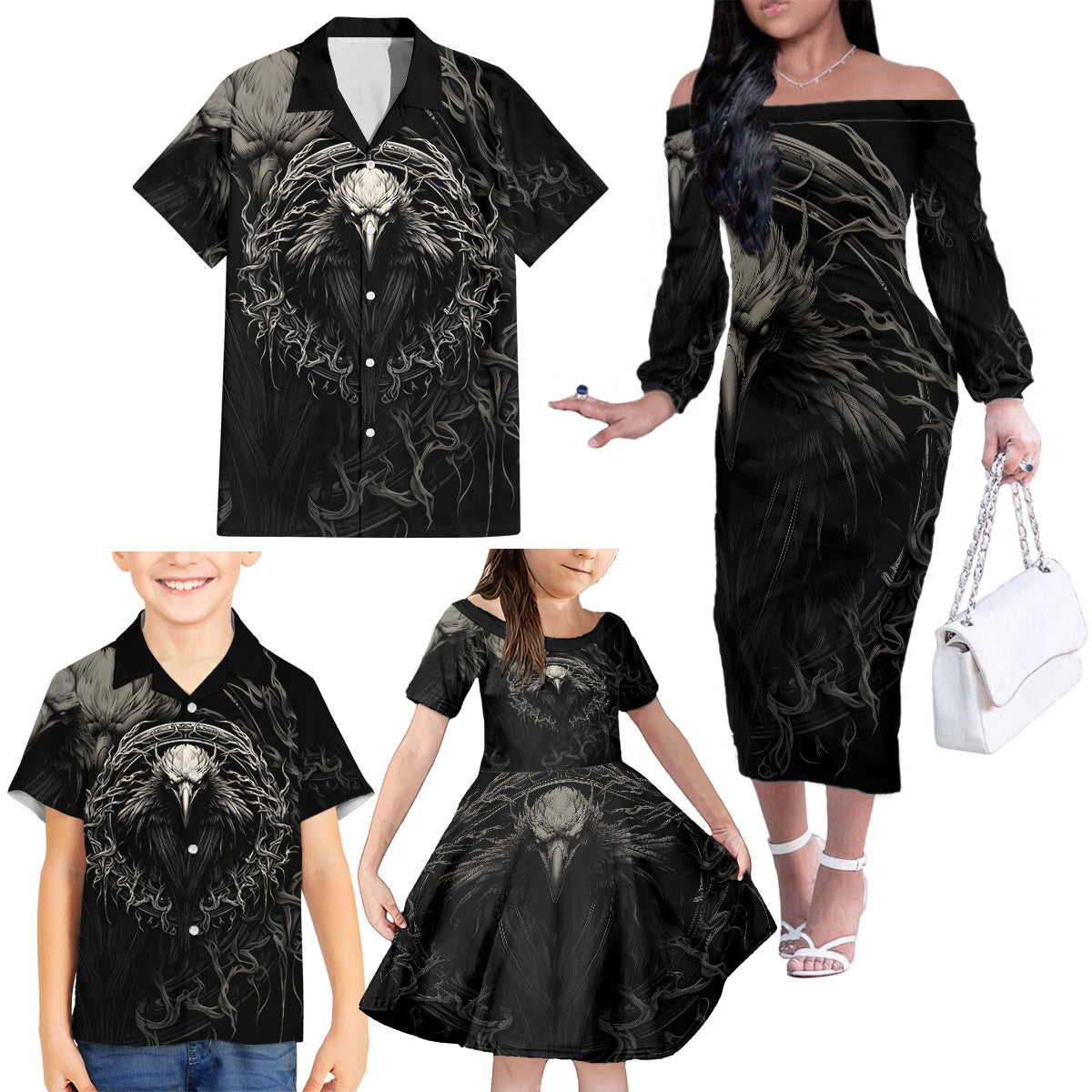 Viking Raven Family Matching Off Shoulder Long Sleeve Dress and Hawaiian Shirt Viking Blood Runs Through My Veins - Wonder Print Shop