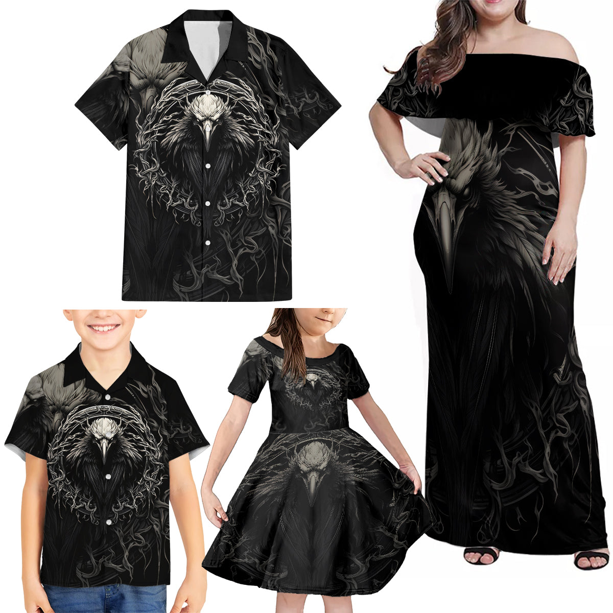 Viking Raven Family Matching Off Shoulder Maxi Dress and Hawaiian Shirt Viking Blood Runs Through My Veins - Wonder Print Shop