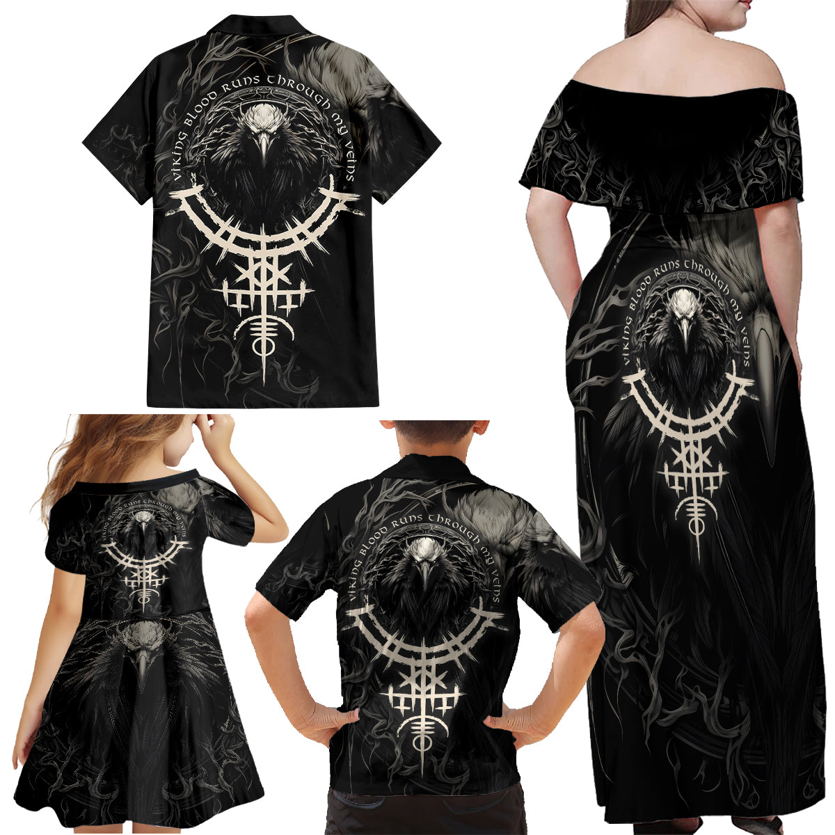 Viking Raven Family Matching Off Shoulder Maxi Dress and Hawaiian Shirt Viking Blood Runs Through My Veins - Wonder Print Shop