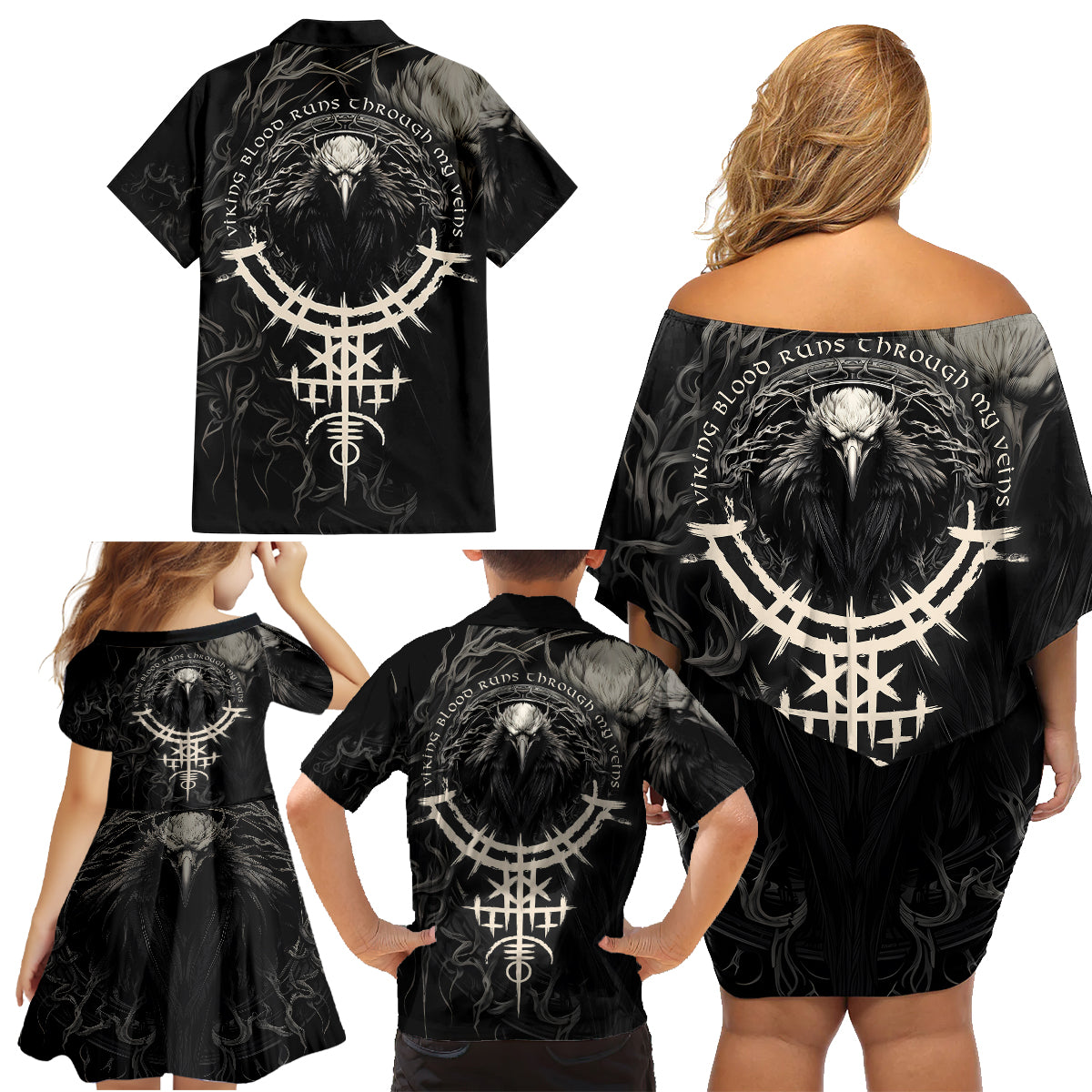 Viking Raven Family Matching Off Shoulder Short Dress and Hawaiian Shirt Viking Blood Runs Through My Veins - Wonder Print Shop