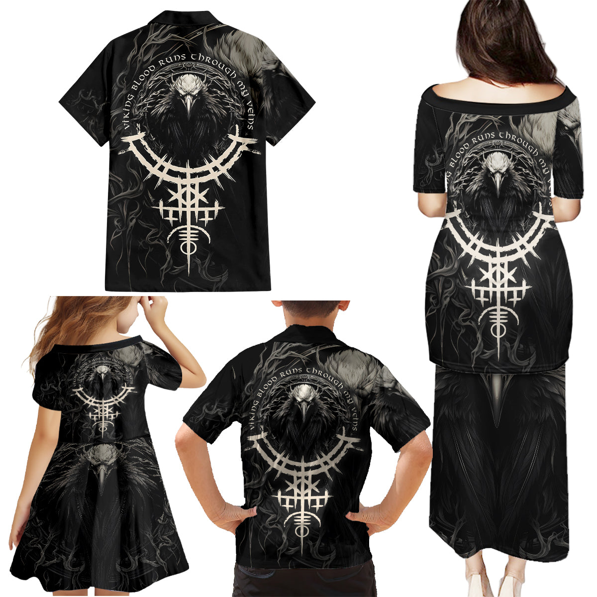 Viking Raven Family Matching Puletasi Dress and Hawaiian Shirt Viking Blood Runs Through My Veins - Wonder Print Shop