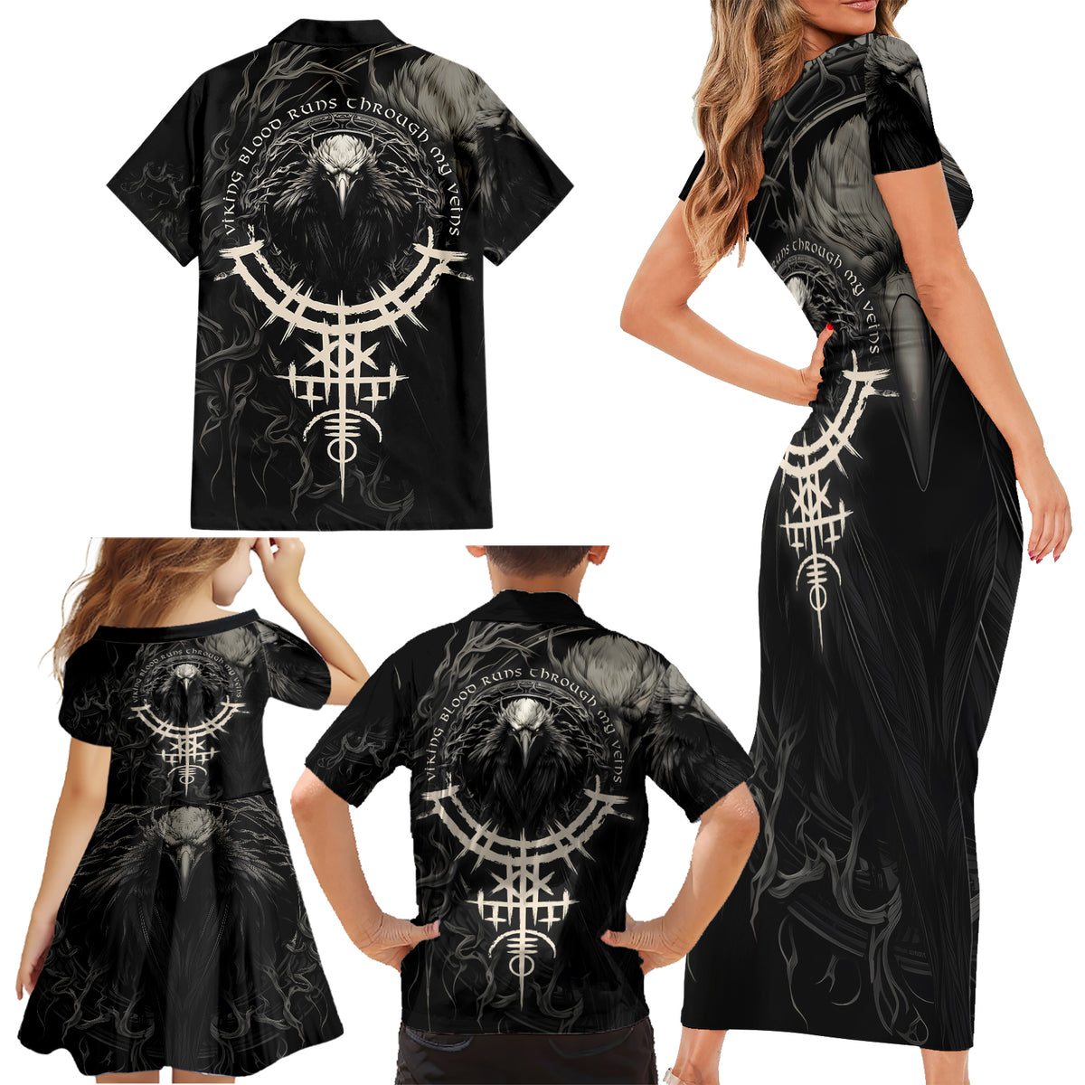 Viking Raven Family Matching Short Sleeve Bodycon Dress and Hawaiian Shirt Viking Blood Runs Through My Veins - Wonder Print Shop