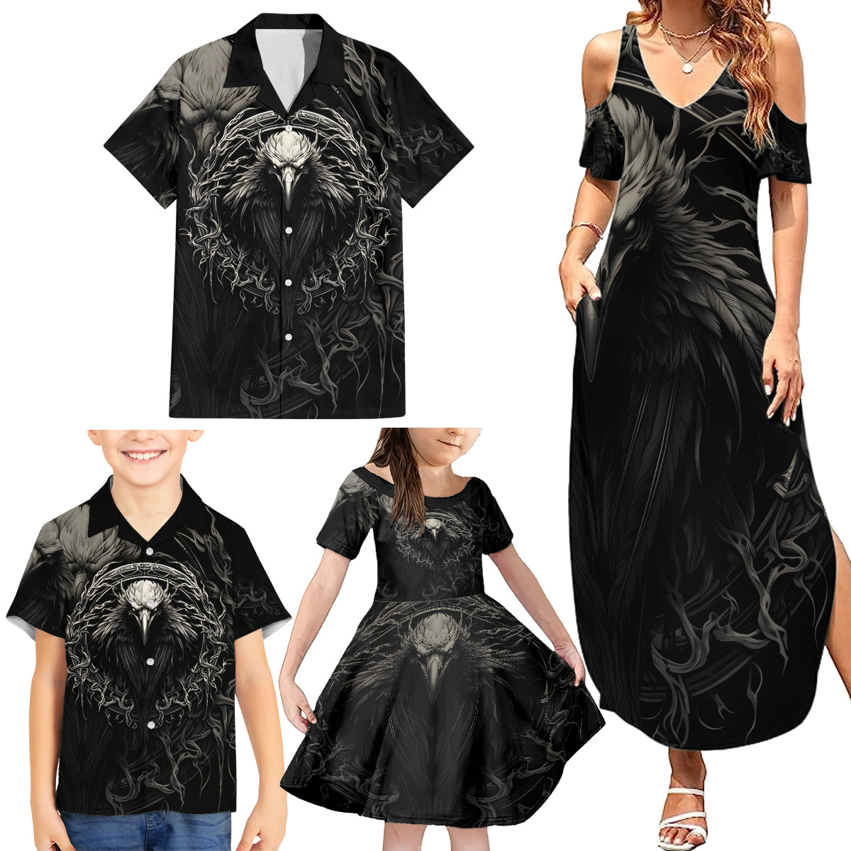 Viking Raven Family Matching Summer Maxi Dress and Hawaiian Shirt Viking Blood Runs Through My Veins - Wonder Print Shop