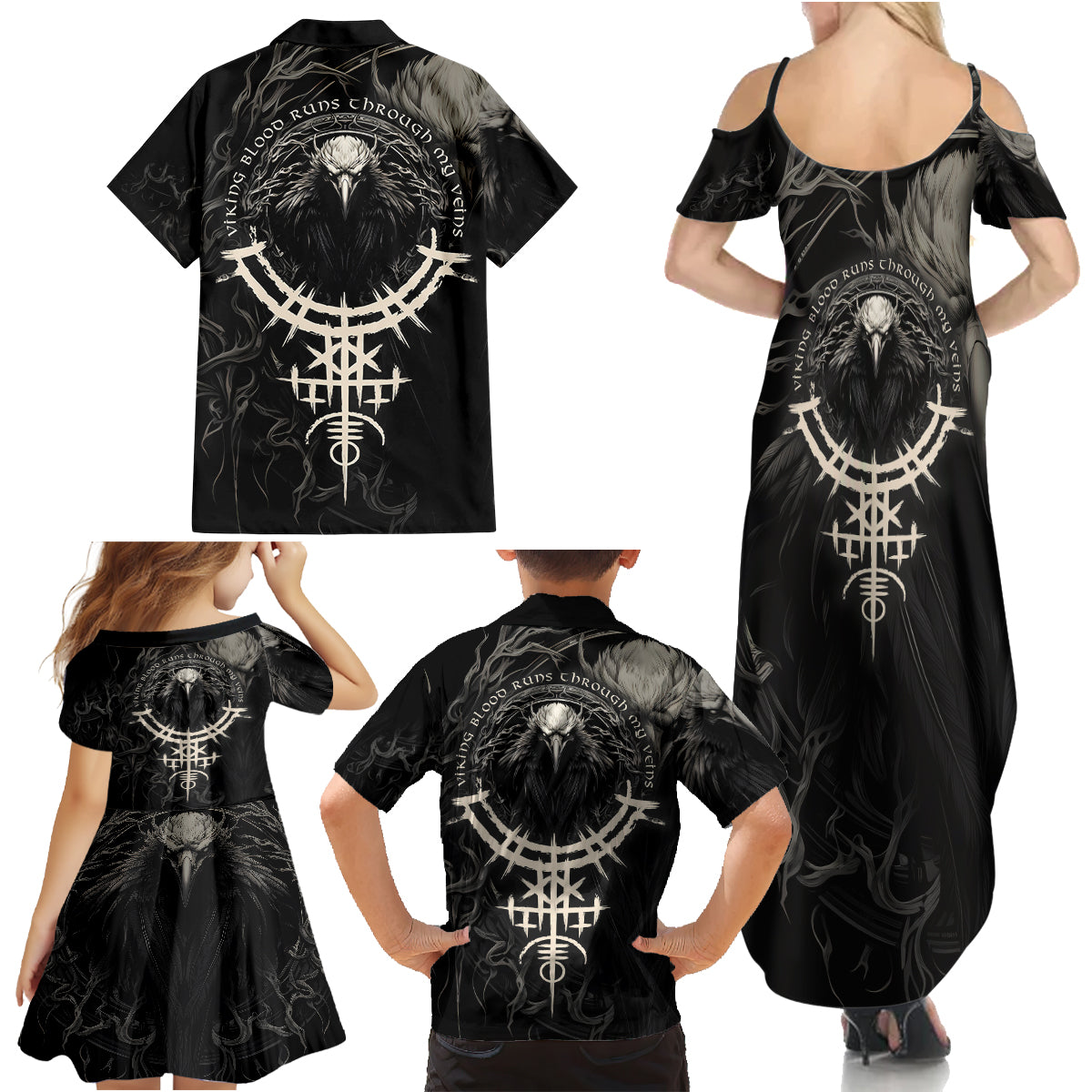 Viking Raven Family Matching Summer Maxi Dress and Hawaiian Shirt Viking Blood Runs Through My Veins - Wonder Print Shop