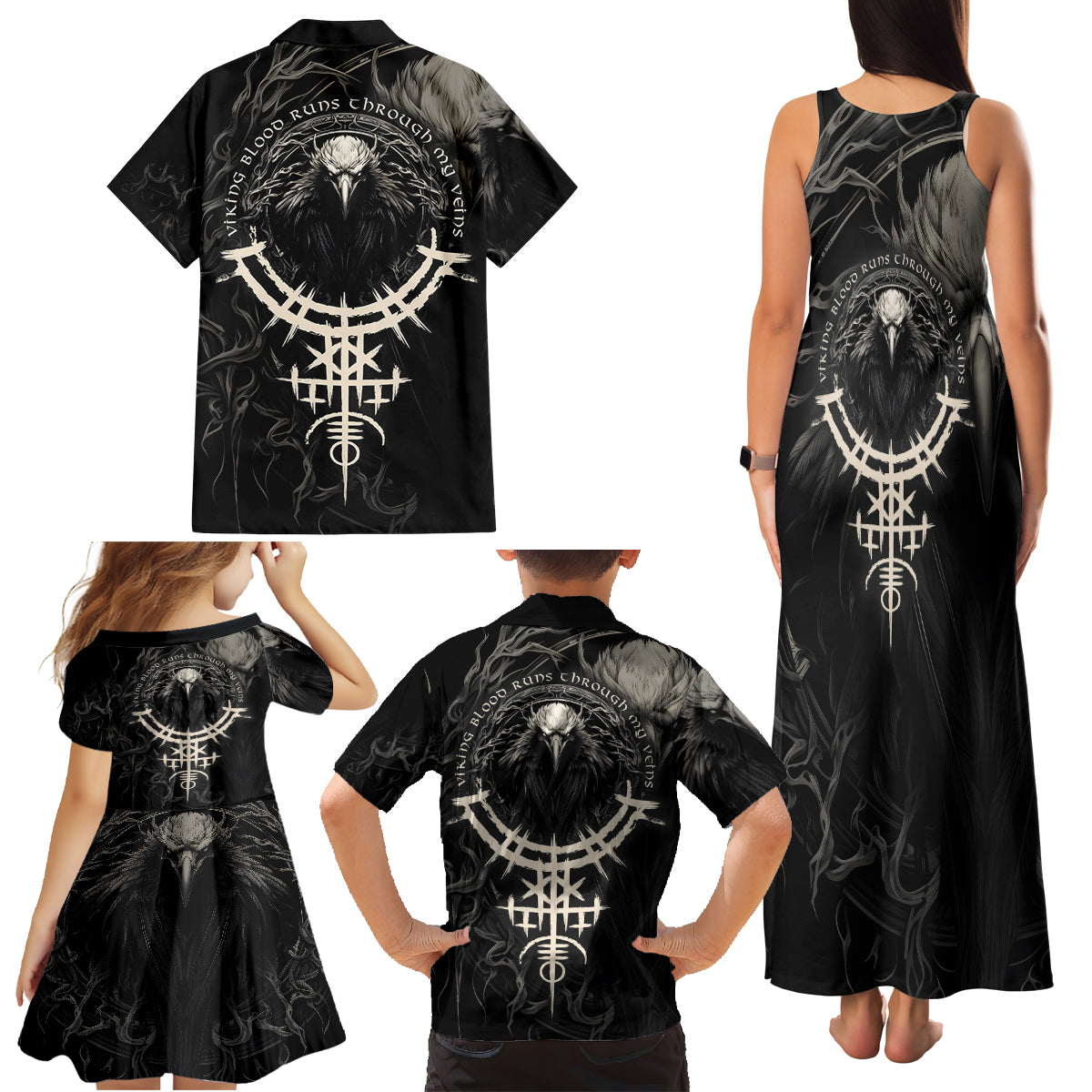 Viking Raven Family Matching Tank Maxi Dress and Hawaiian Shirt Viking Blood Runs Through My Veins - Wonder Print Shop