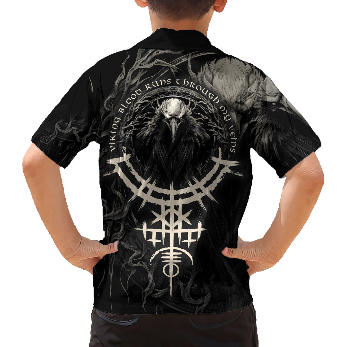 Viking Raven Kid Hawaiian Shirt Viking Blood Runs Through My Veins - Wonder Print Shop