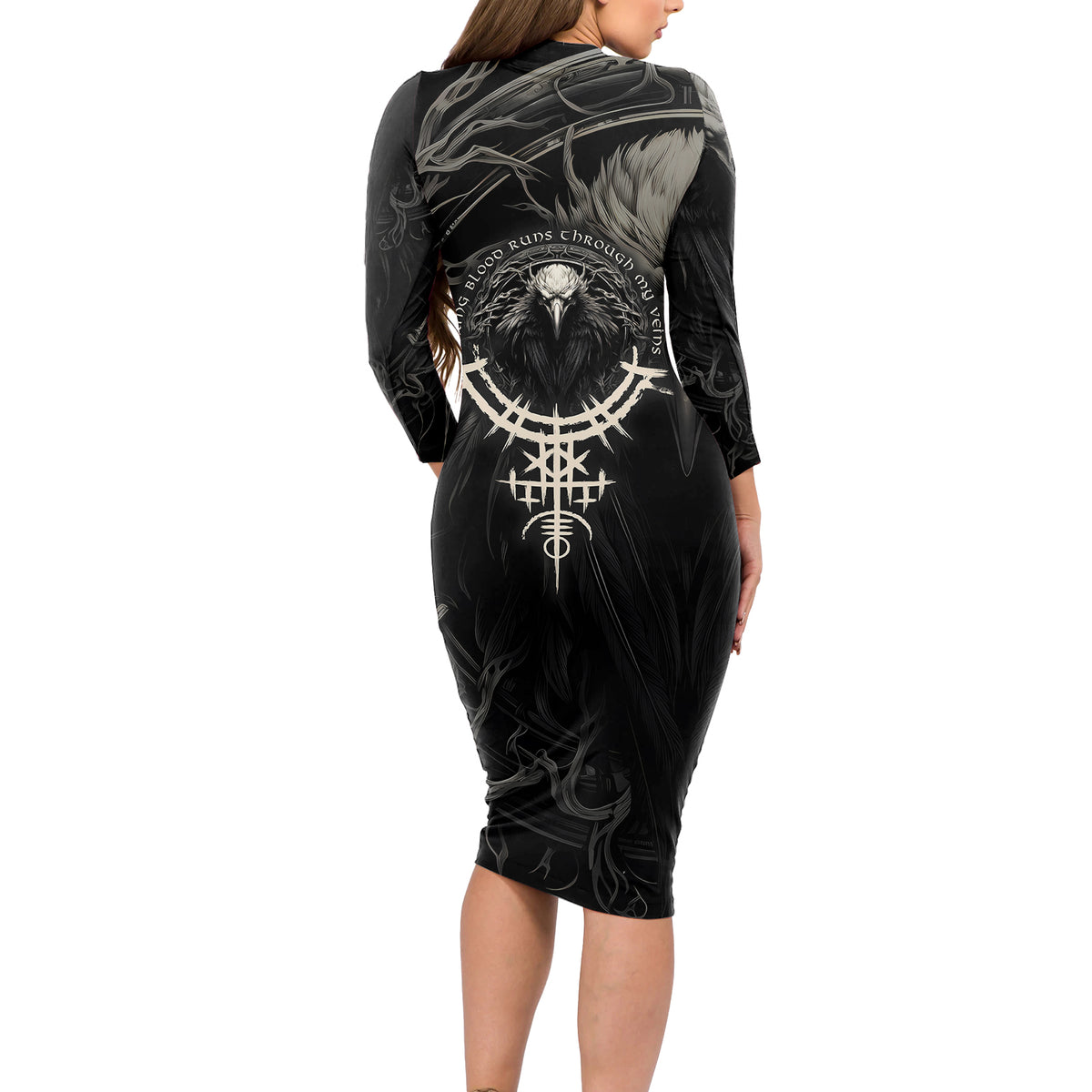Viking Raven Long Sleeve Bodycon Dress Viking Blood Runs Through My Veins - Wonder Print Shop
