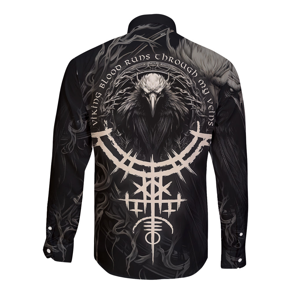 Viking Raven Long Sleeve Button Shirt Viking Blood Runs Through My Veins - Wonder Print Shop