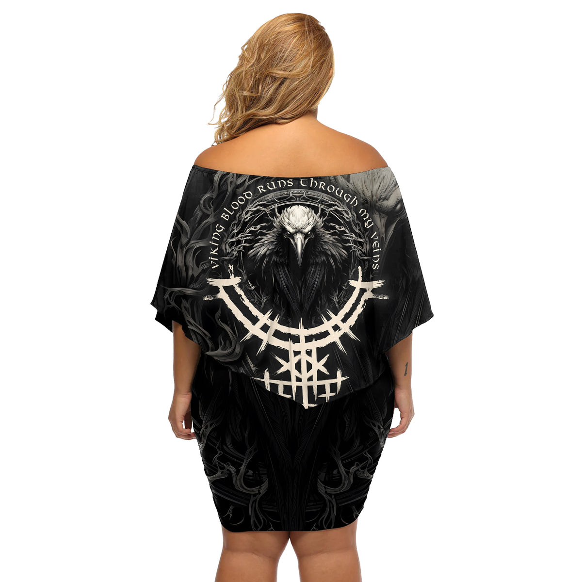 Viking Raven Off Shoulder Short Dress Viking Blood Runs Through My Veins - Wonder Print Shop