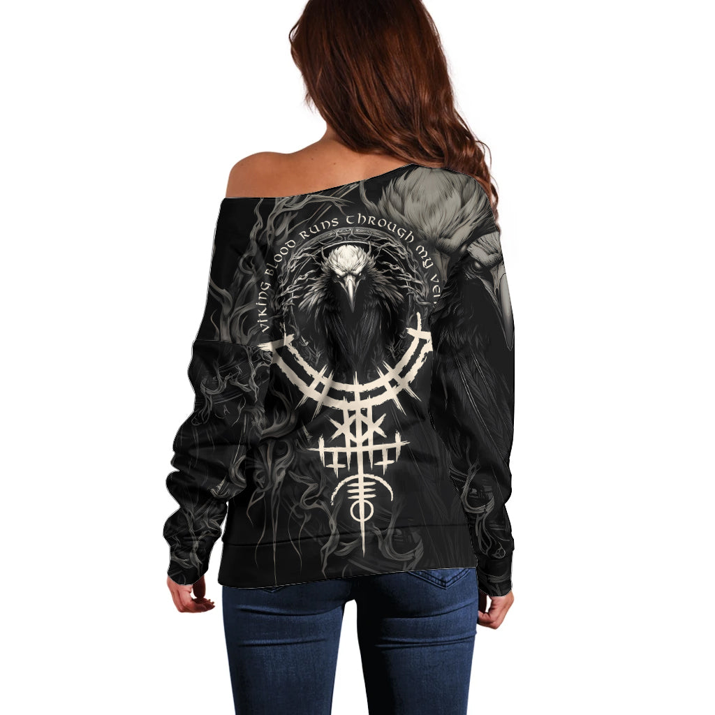 Viking Raven Off Shoulder Sweater Viking Blood Runs Through My Veins - Wonder Print Shop