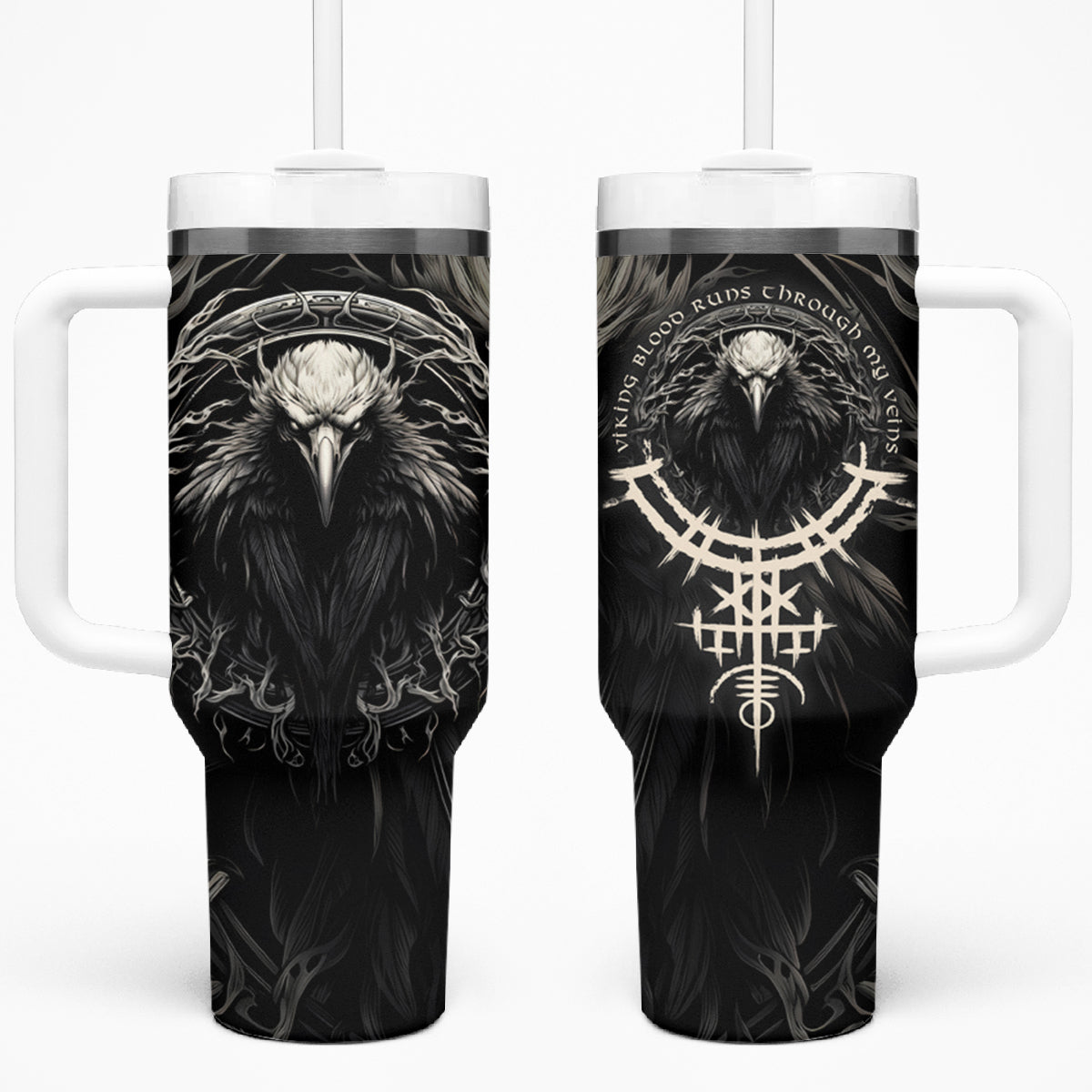 Viking Raven Tumbler With Handle Viking Blood Runs Through My Veins - Wonder Print Shop