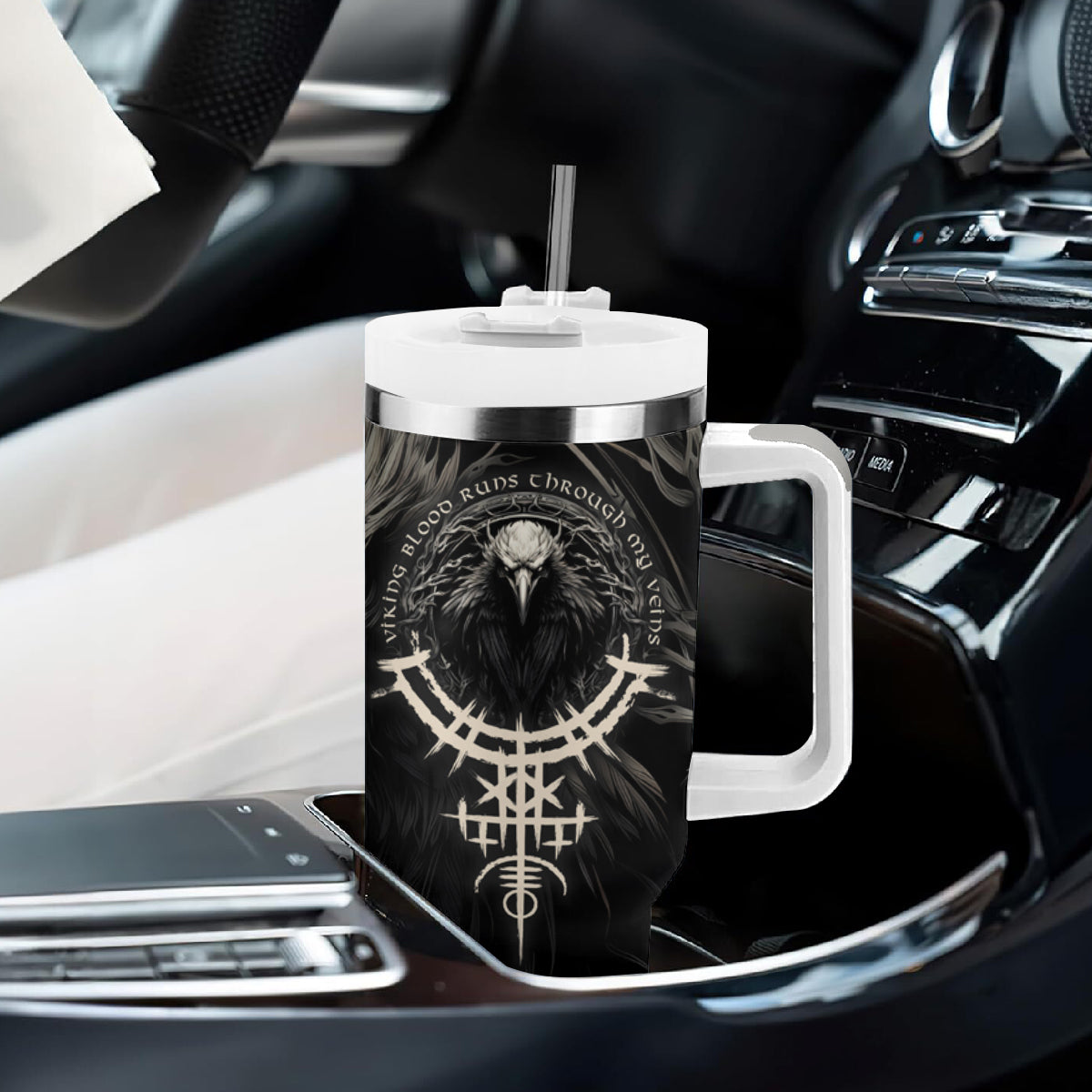 Viking Raven Tumbler With Handle Viking Blood Runs Through My Veins - Wonder Print Shop