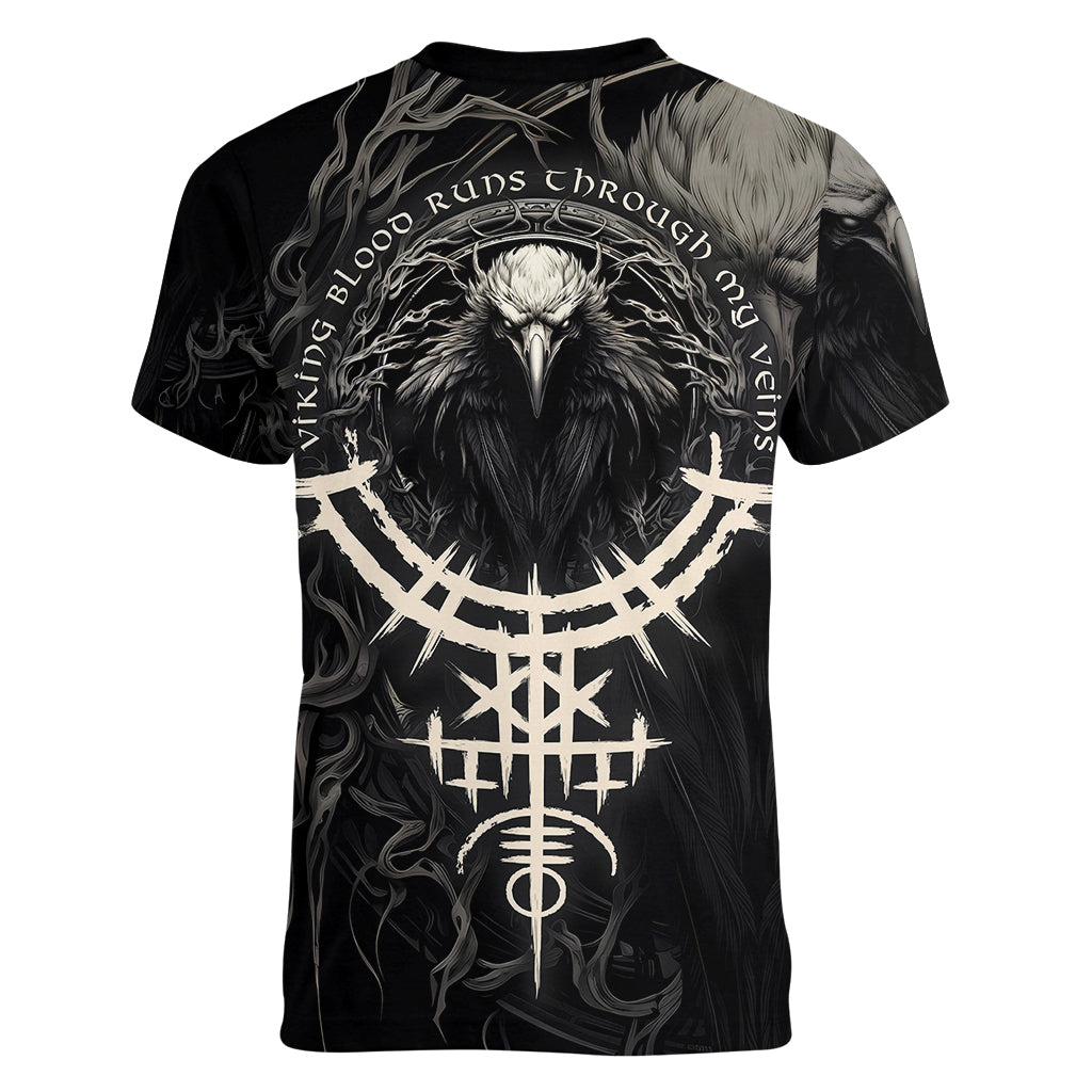 Viking Raven Women V Neck T Shirt Viking Blood Runs Through My Veins - Wonder Print Shop
