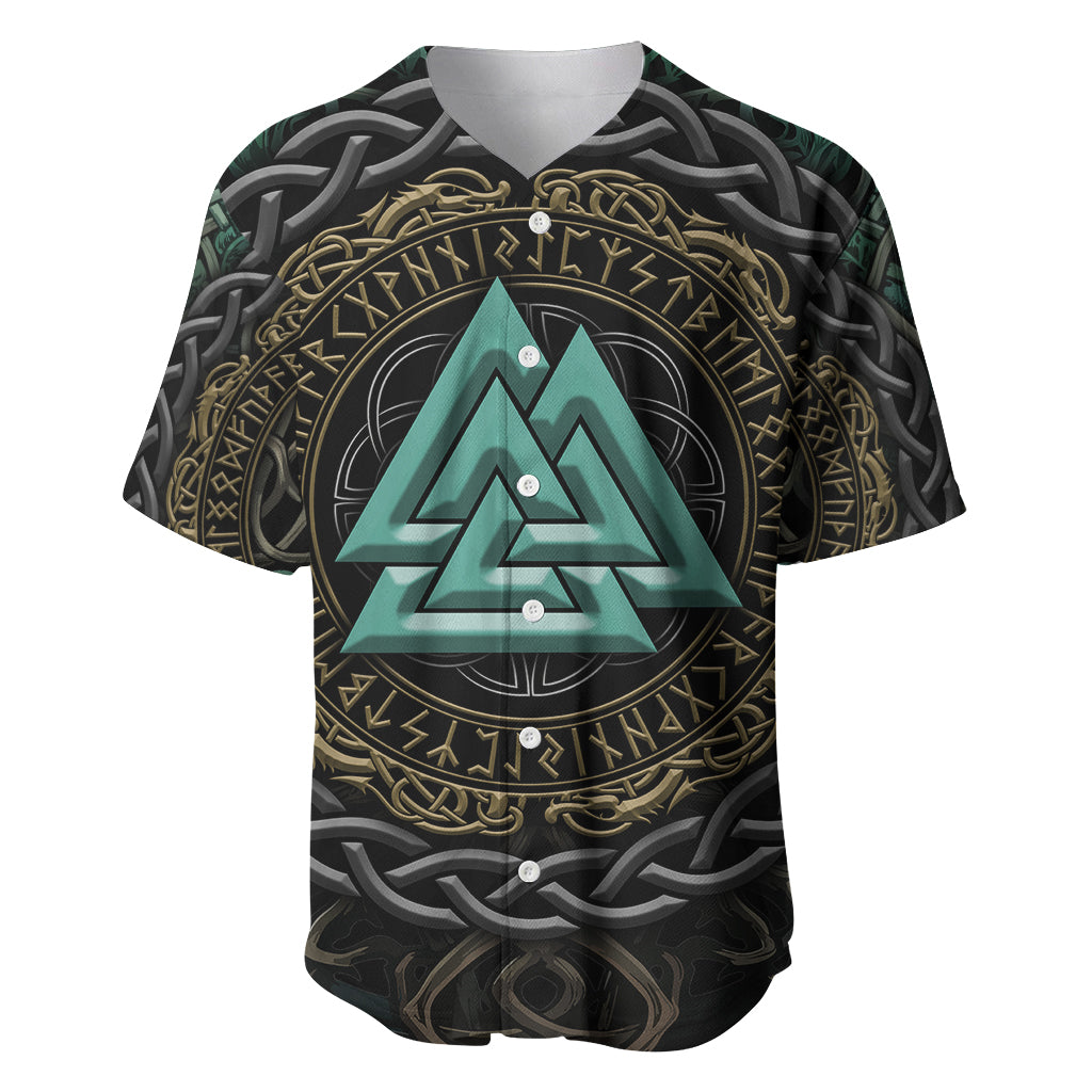 Viking Baseball Jersey Cyan Valknut and Yggdrasil - Wonder Print Shop